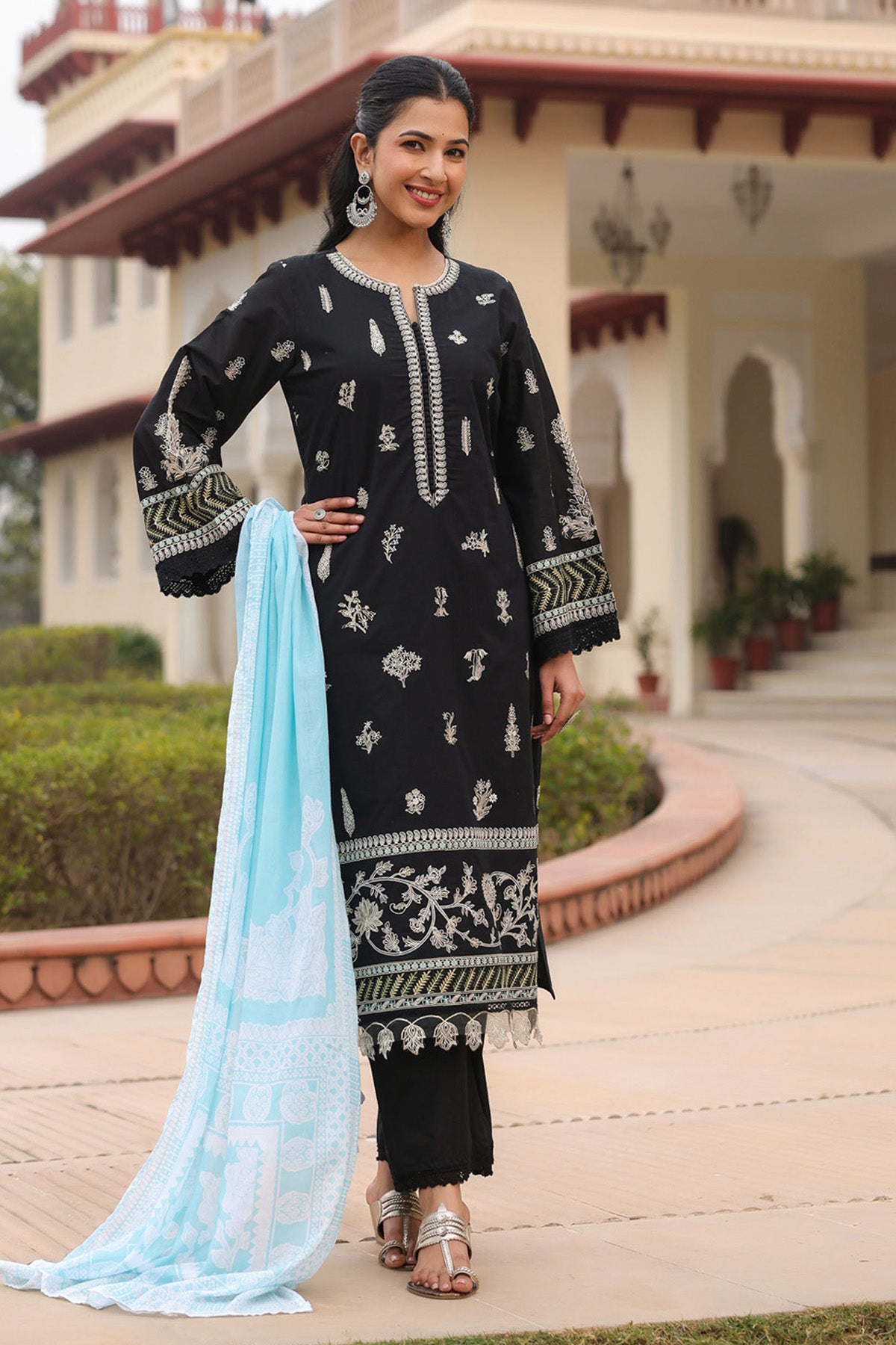 Black Cotton Embroidered Kurta Set With Dupatta