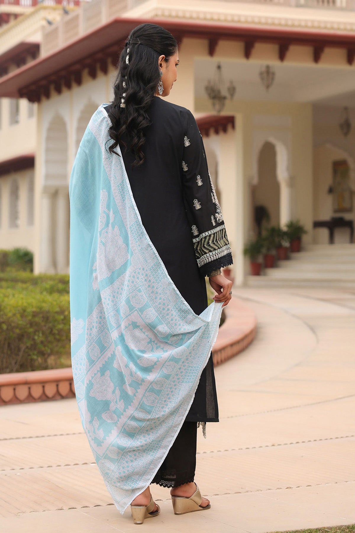 Black Cotton Embroidered Kurta Set With Dupatta