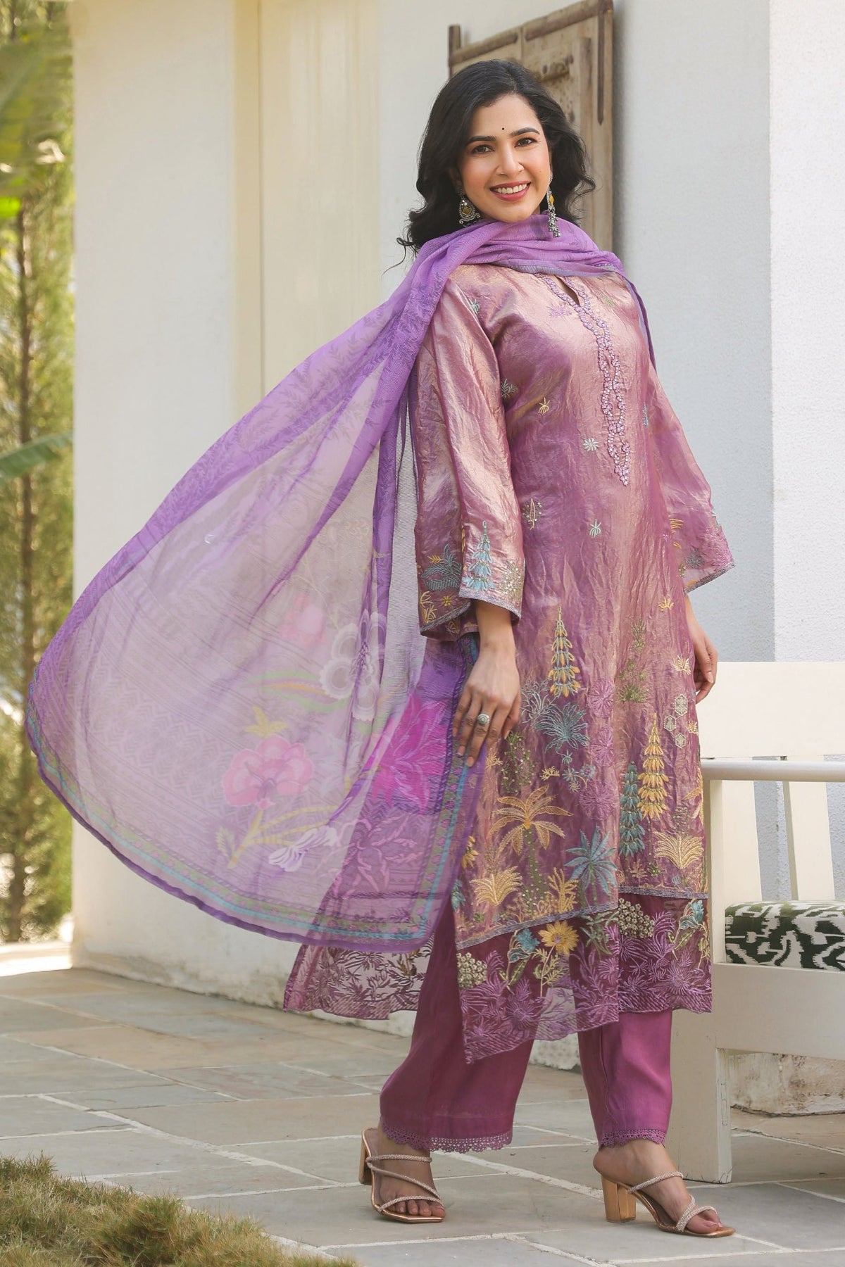 Magenta Pink Organza Embroidered Kurta Set With Dupatta