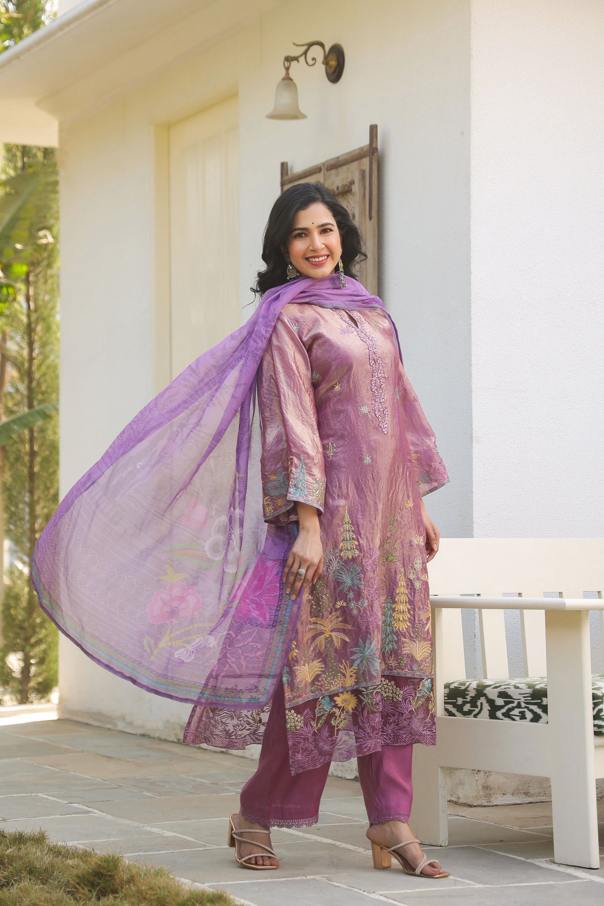 Magenta Pink Organza Embroidered Kurta Set With Dupatta