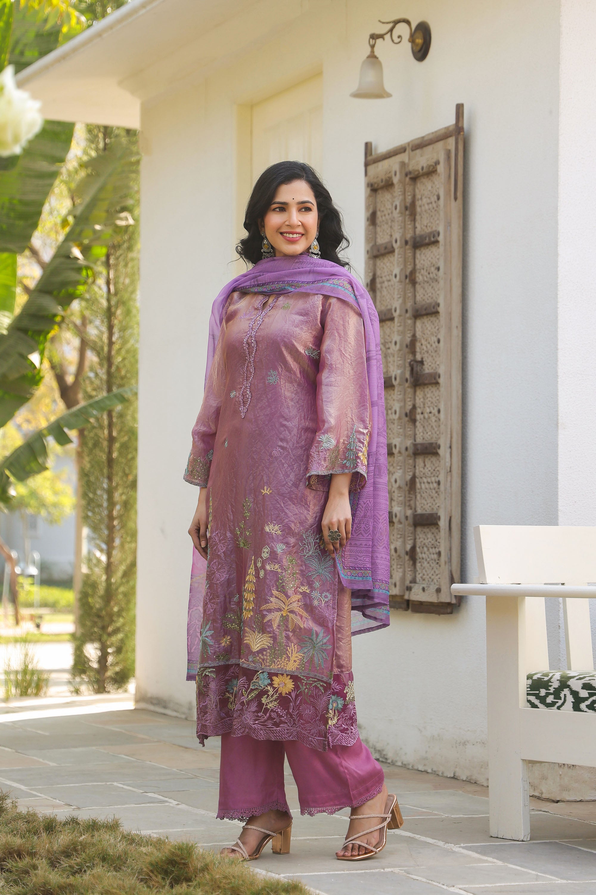 Magenta Pink Organza Embroidered Kurta Set With Dupatta