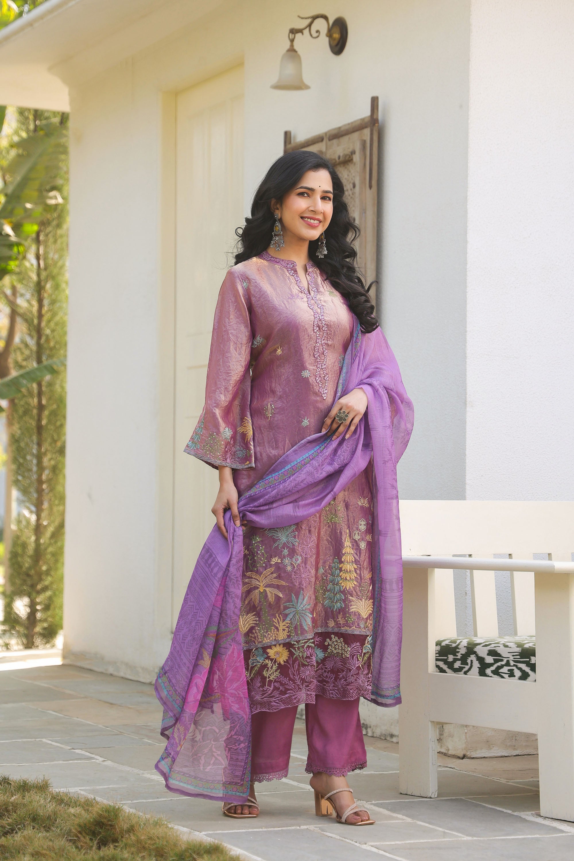 Magenta Pink Organza Embroidered Kurta Set With Dupatta