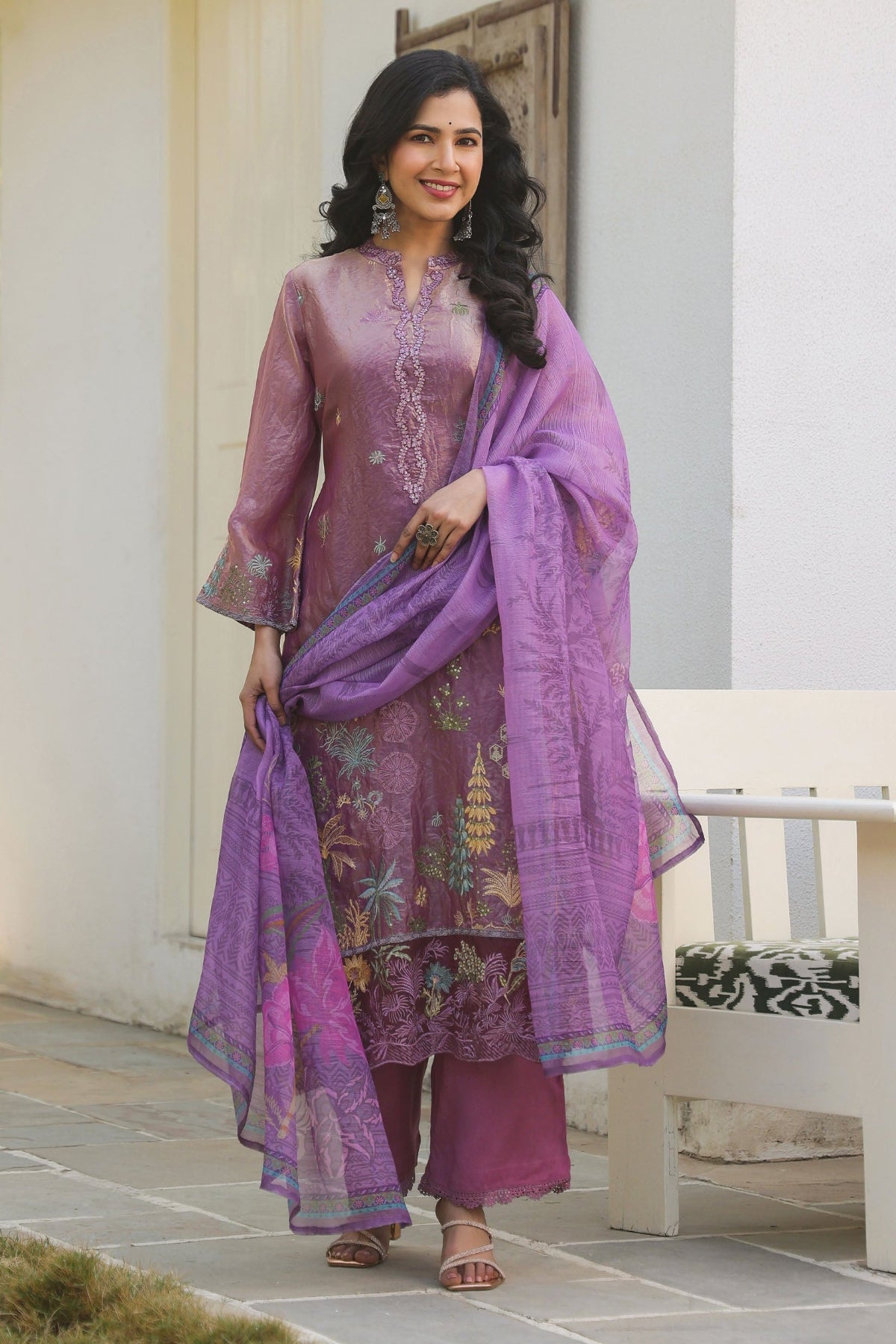 Magenta Pink Organza Embroidered Kurta Set With Dupatta