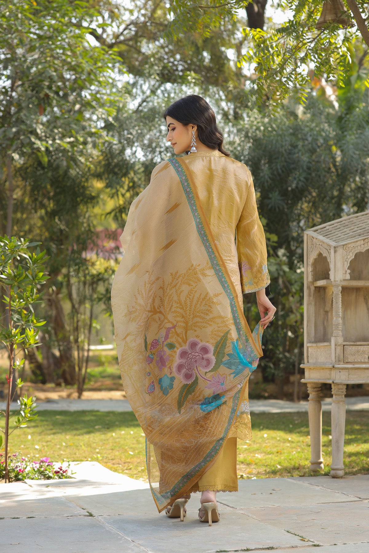 Mustard Organza Embridered Kurta Set With Dupatta