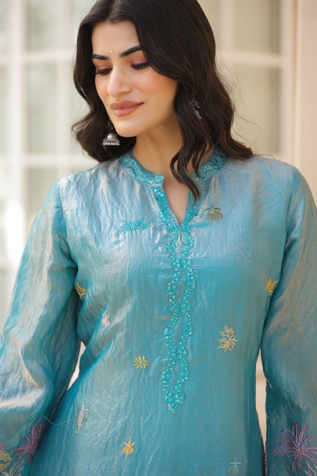 Turquoise Blue Organza Embridered Kurta Set With Dupatta