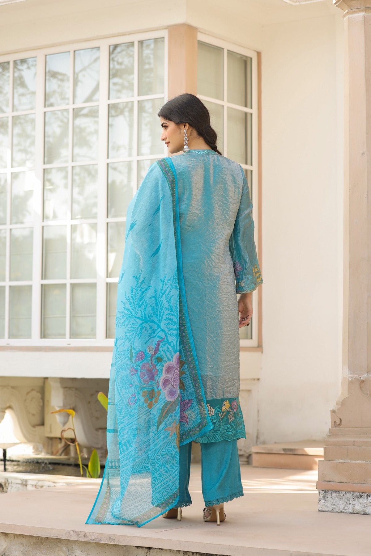 Turquoise Blue Organza Embridered Kurta Set With Dupatta