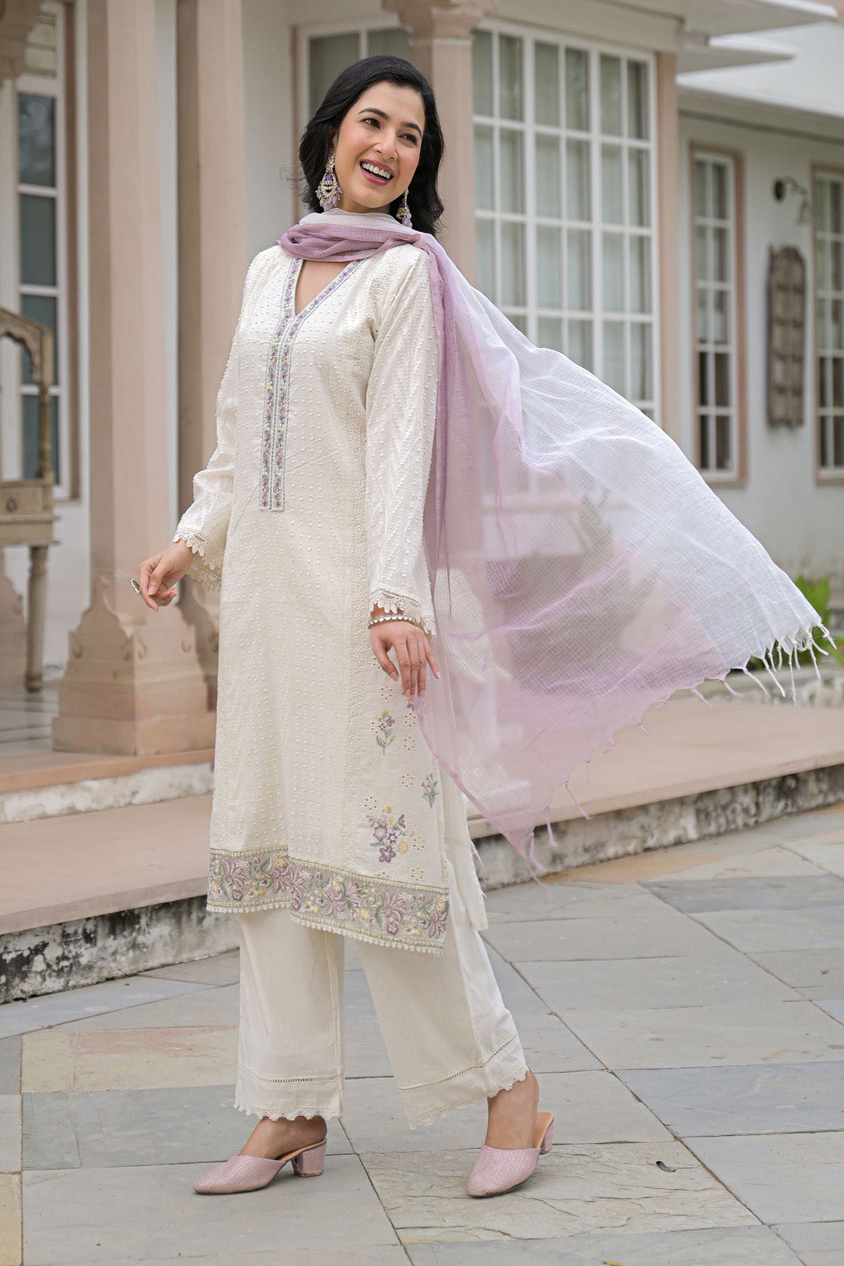 Pink Cotton Embroidered Kurta Set With Dupatta