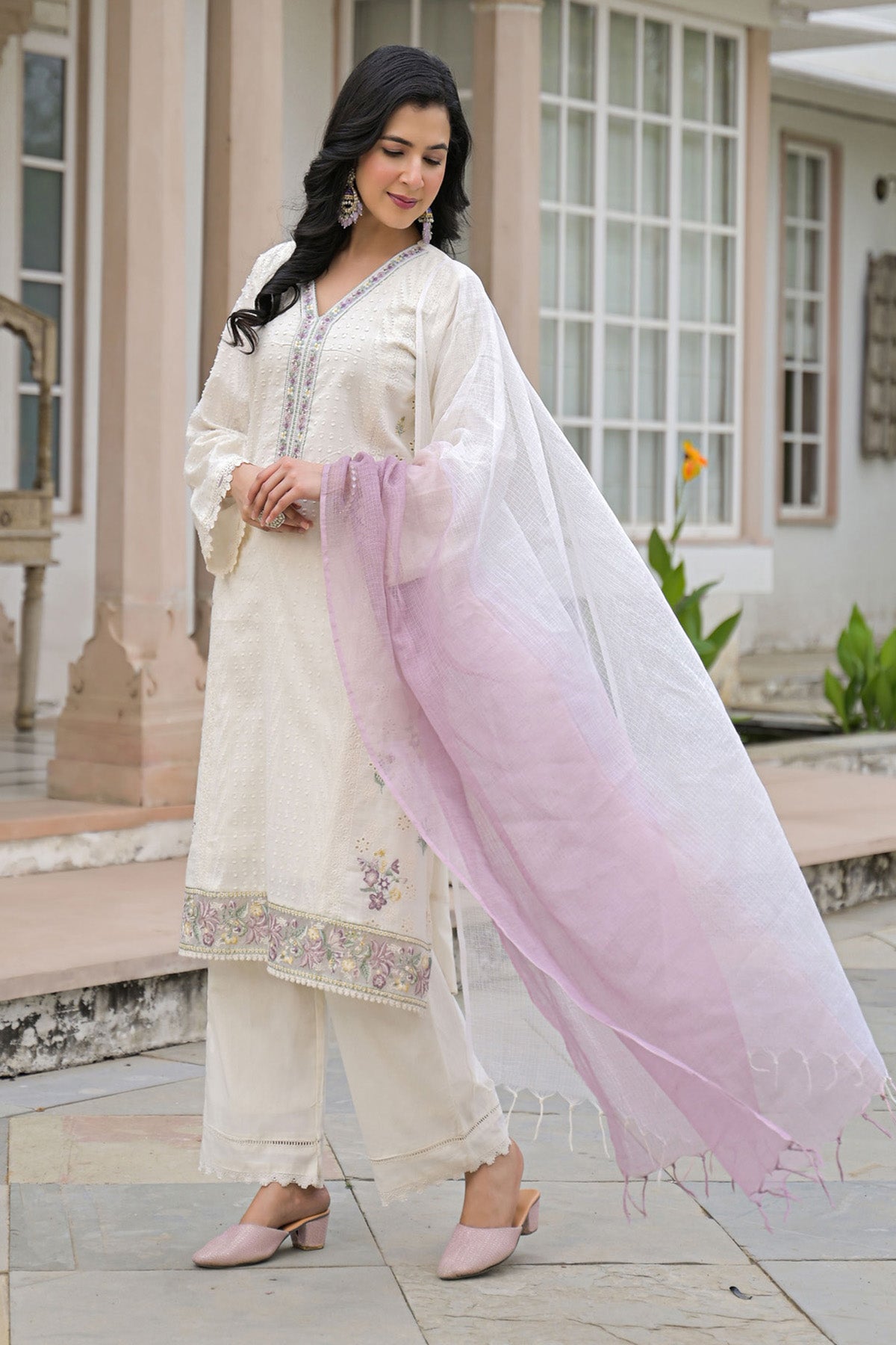 Pink Cotton Embroidered Kurta Set With Dupatta