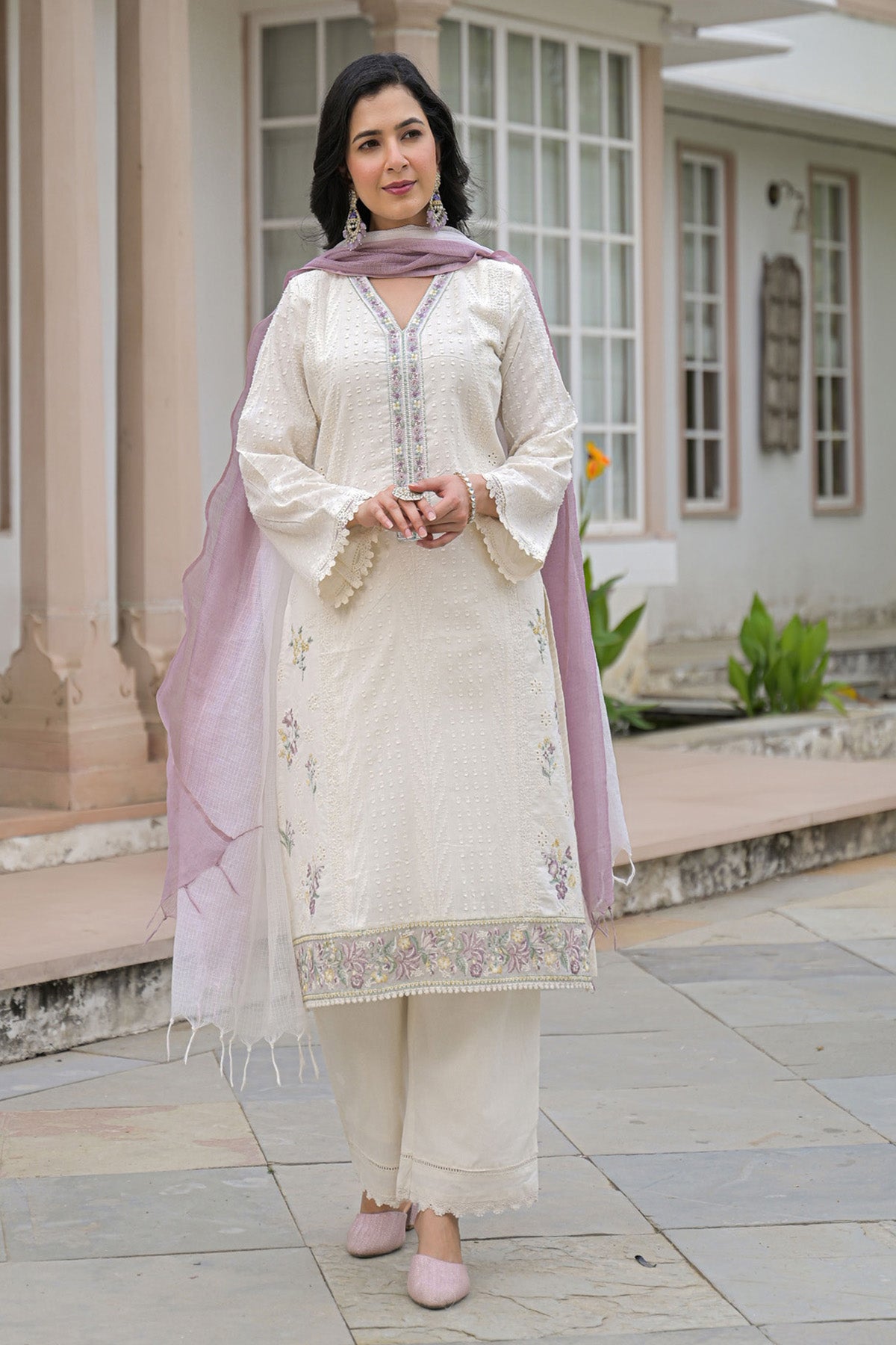 Pink Cotton Embroidered Kurta Set With Dupatta