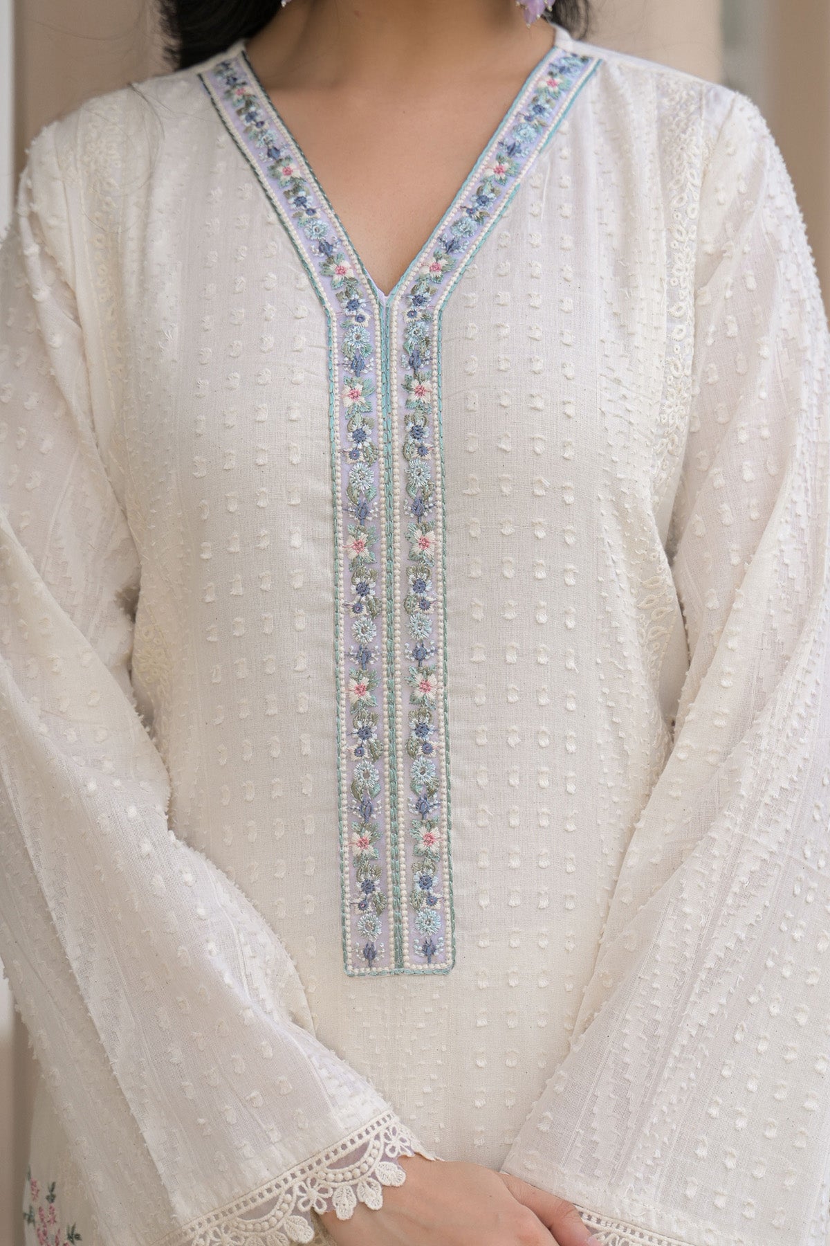 Sky Blue Cotton Embroidered Kurta Set With Dupatta