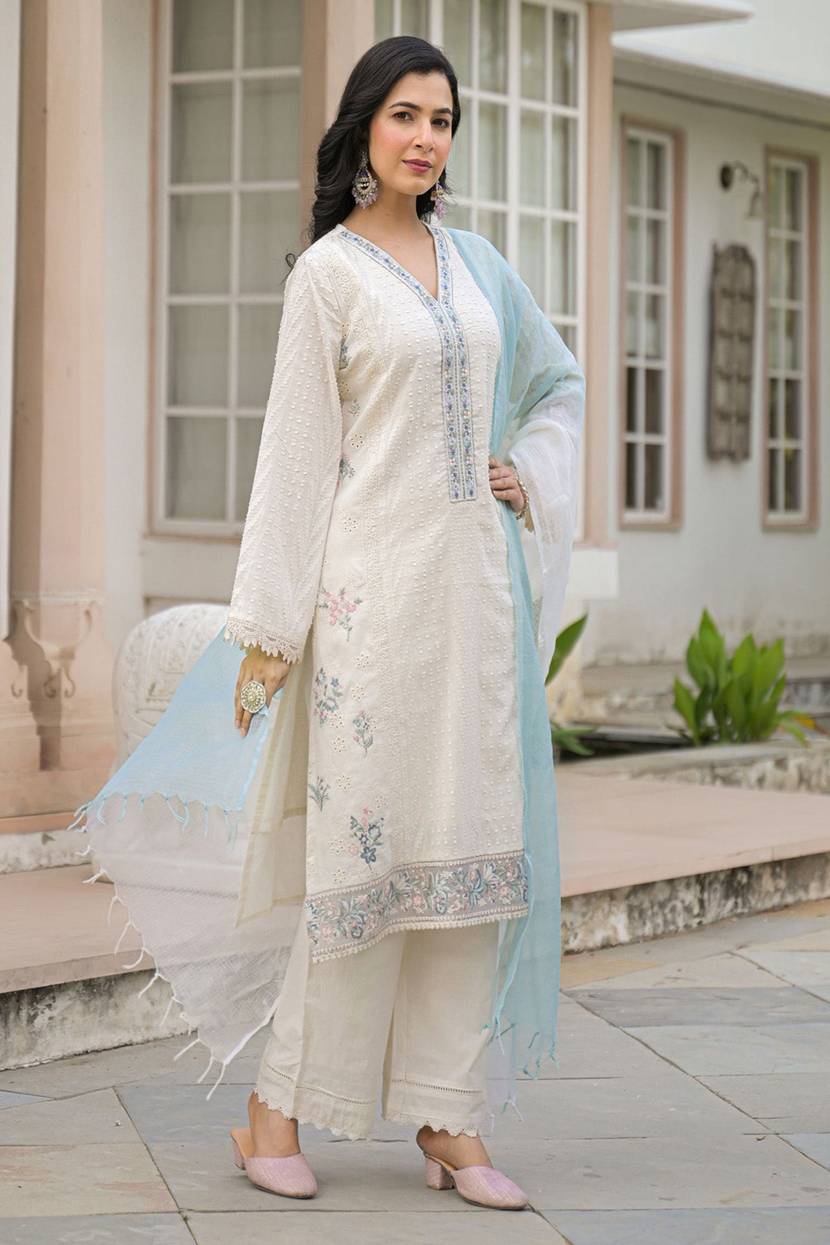 Sky Blue Cotton Embroidered Kurta Set With Dupatta