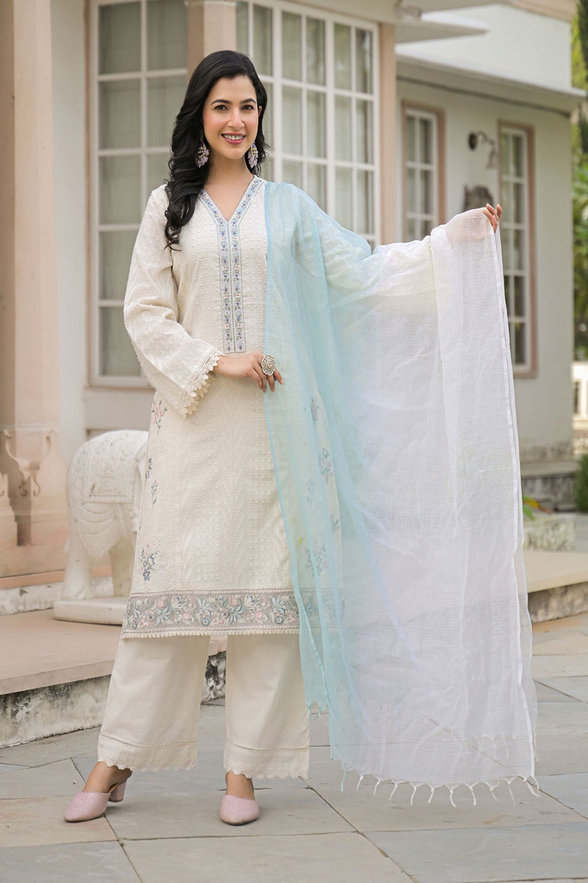Sky Blue Cotton Embroidered Kurta Set With Dupatta