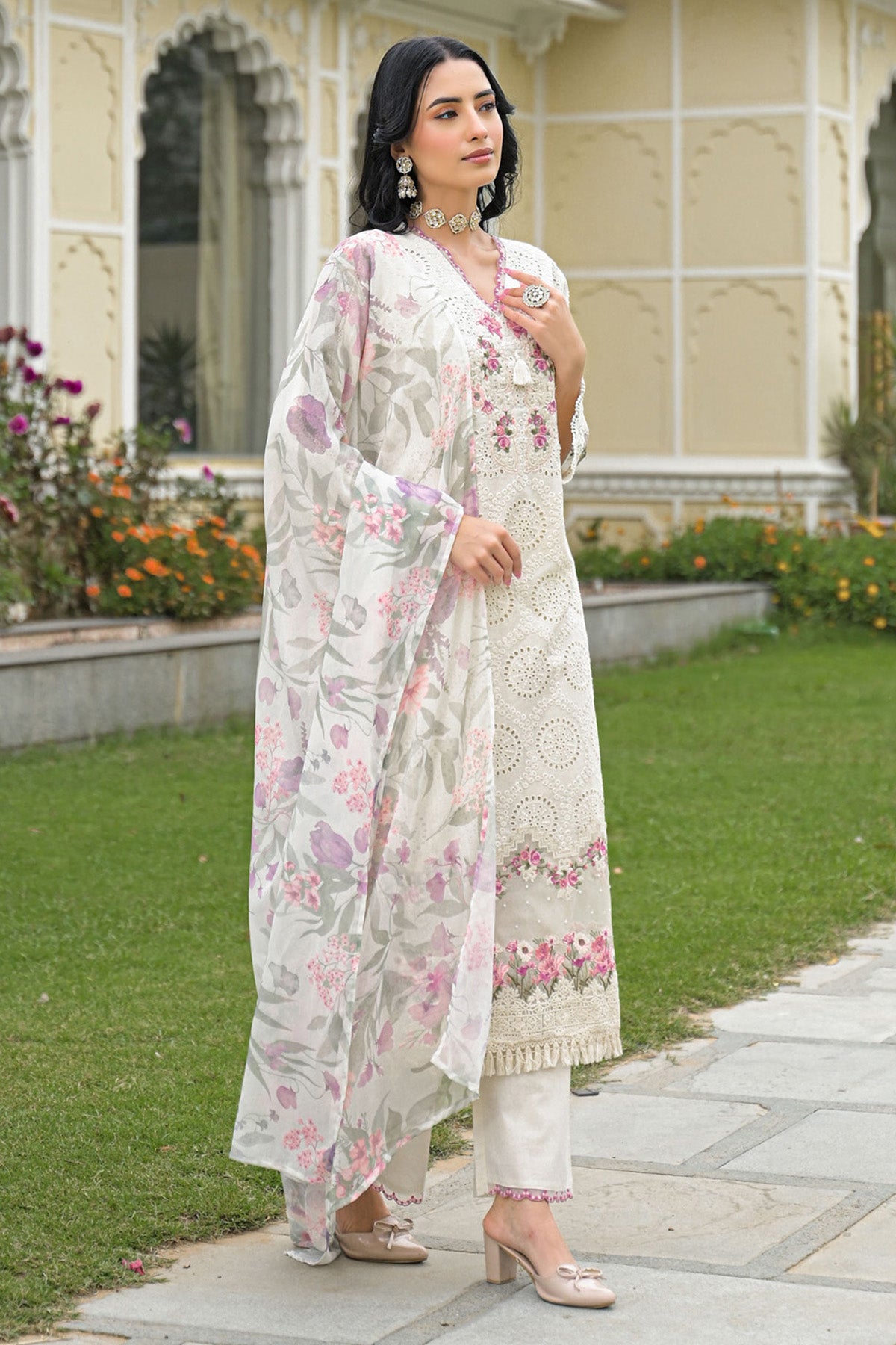 Off White Cotton Embroidered Kurta Set With Dupatta