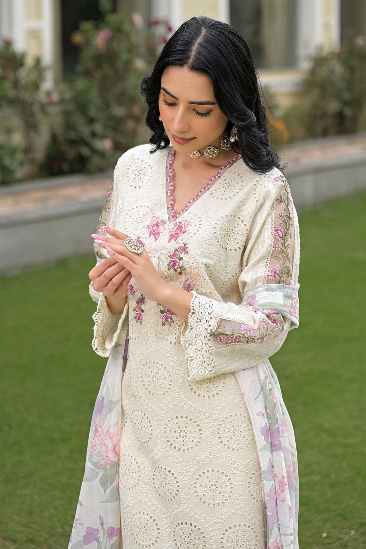 Off White Cotton Embroidered Kurta Set With Dupatta