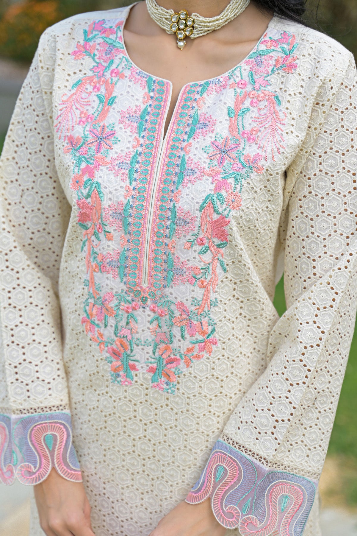 Off White Cotton Embroidered Kurta Set With Dupatta