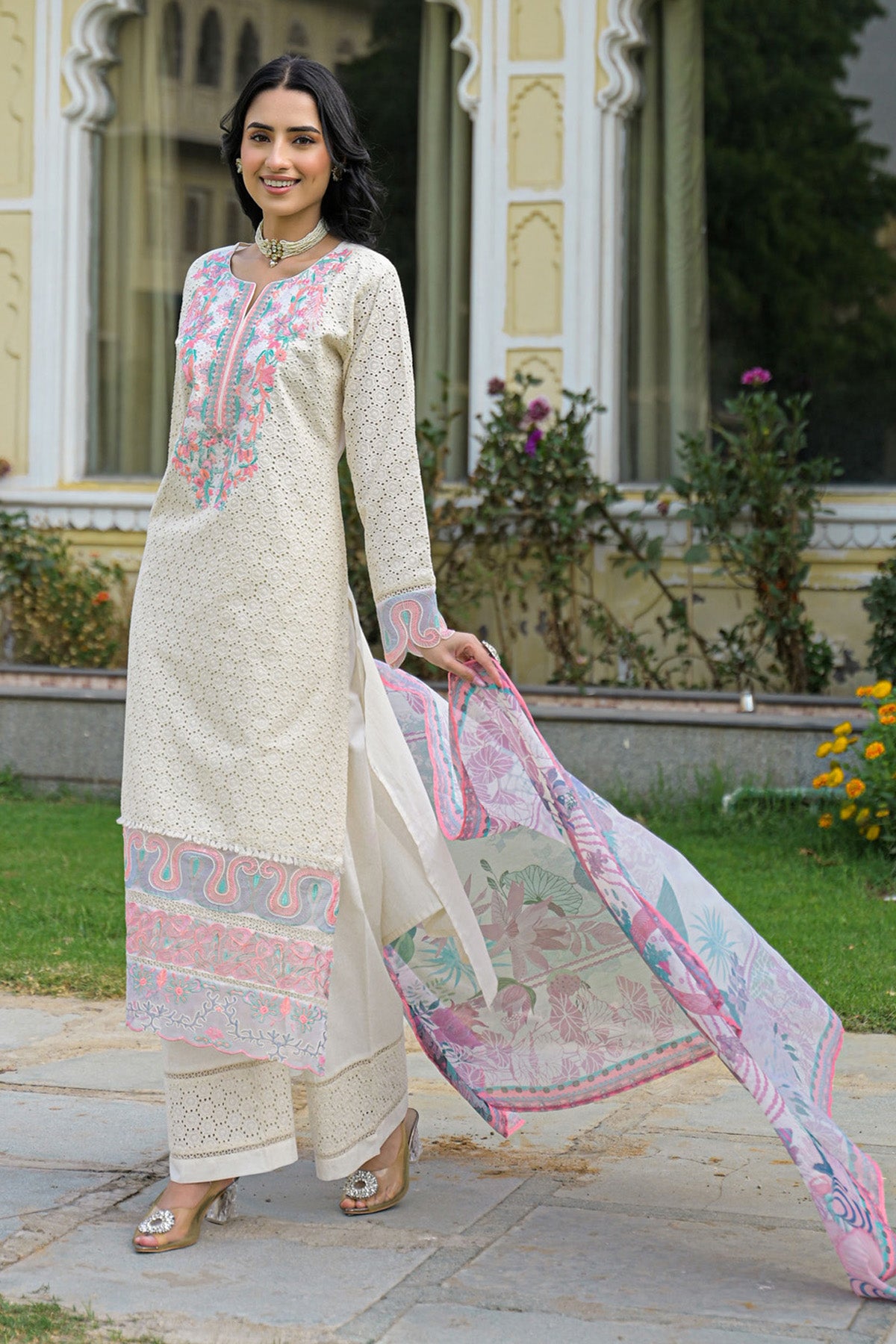 Off White Cotton Embroidered Kurta Set With Dupatta