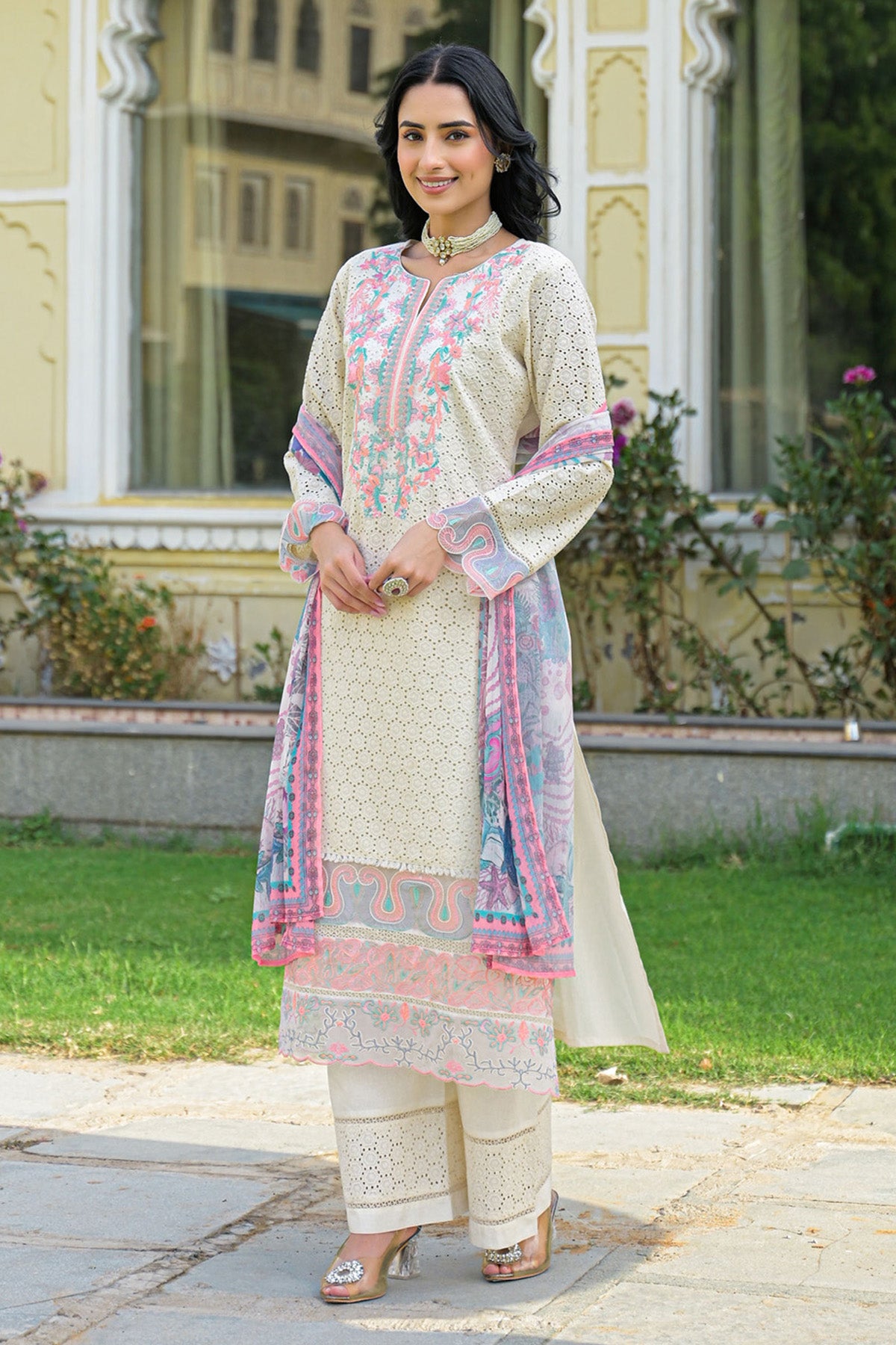 Off White Cotton Embroidered Kurta Set With Dupatta
