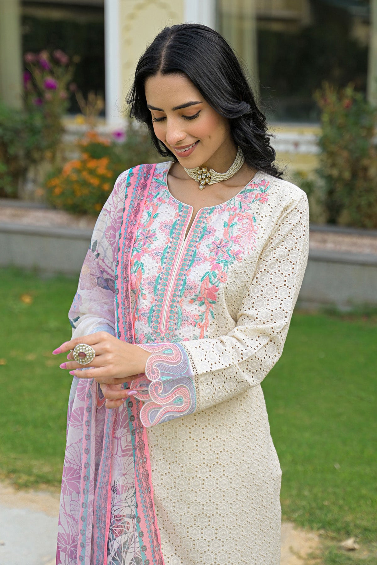 Off White Cotton Embroidered Kurta Set With Dupatta