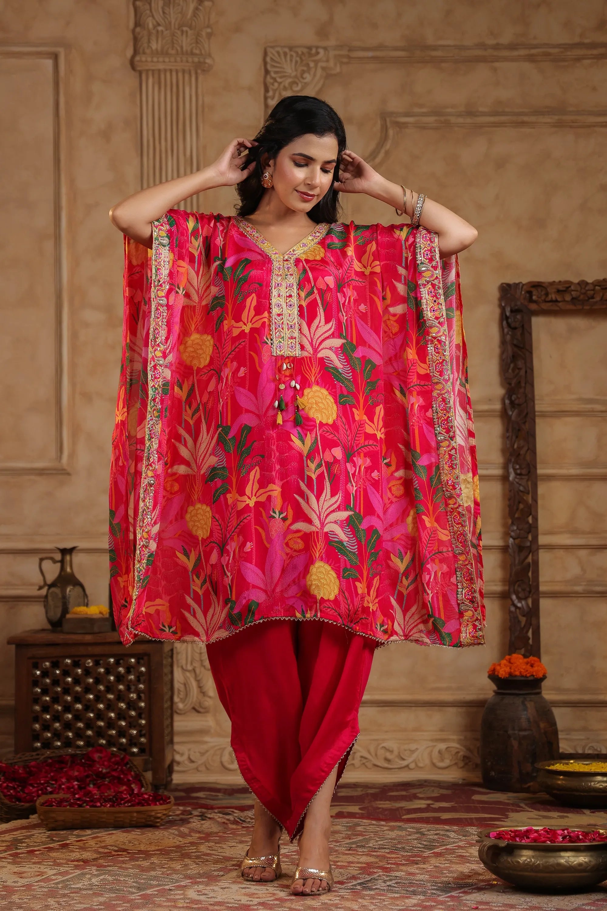 Pink Chinon Floral Kaftan Set With Potli Bag
