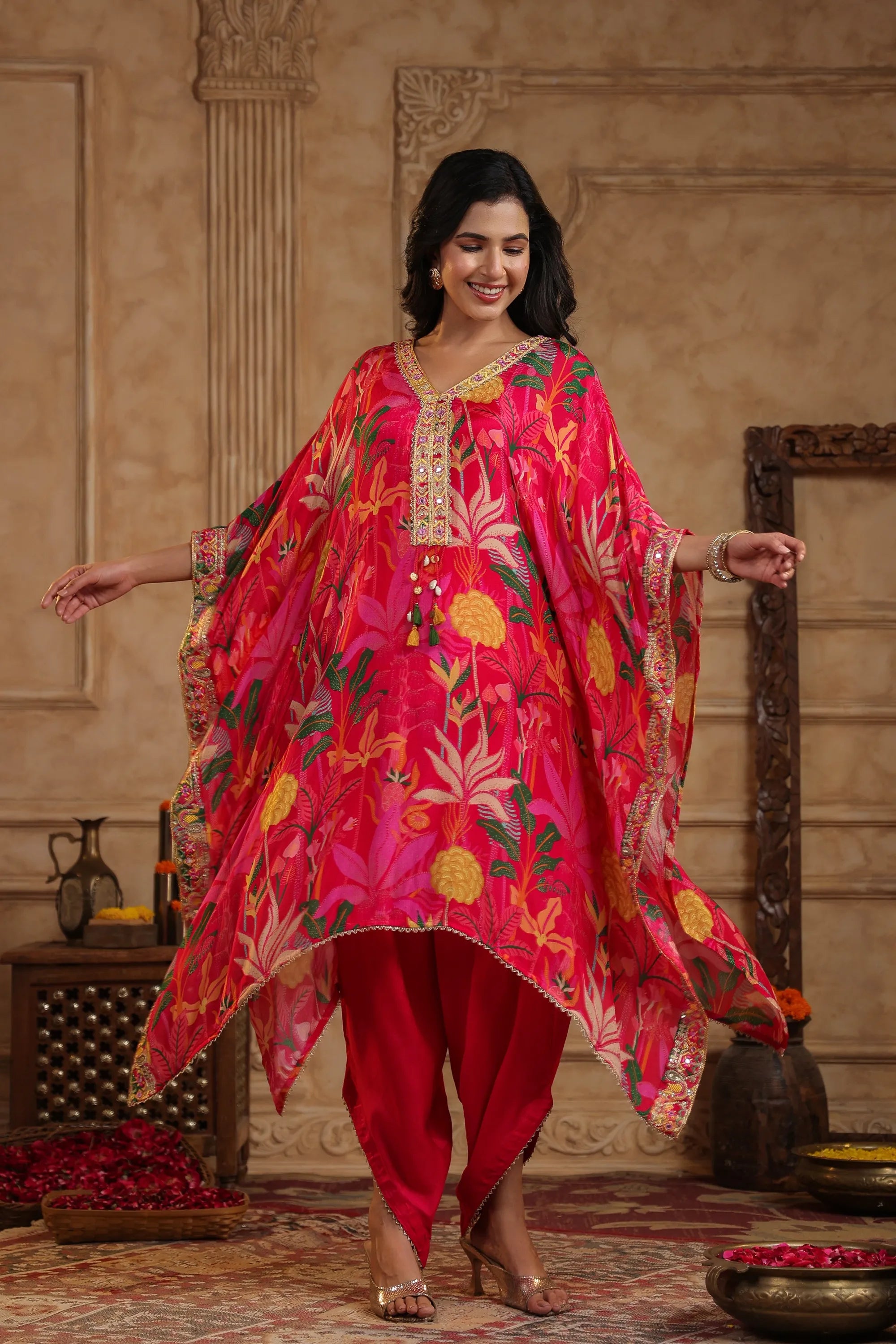Pink Chinon Floral Kaftan Set With Potli Bag