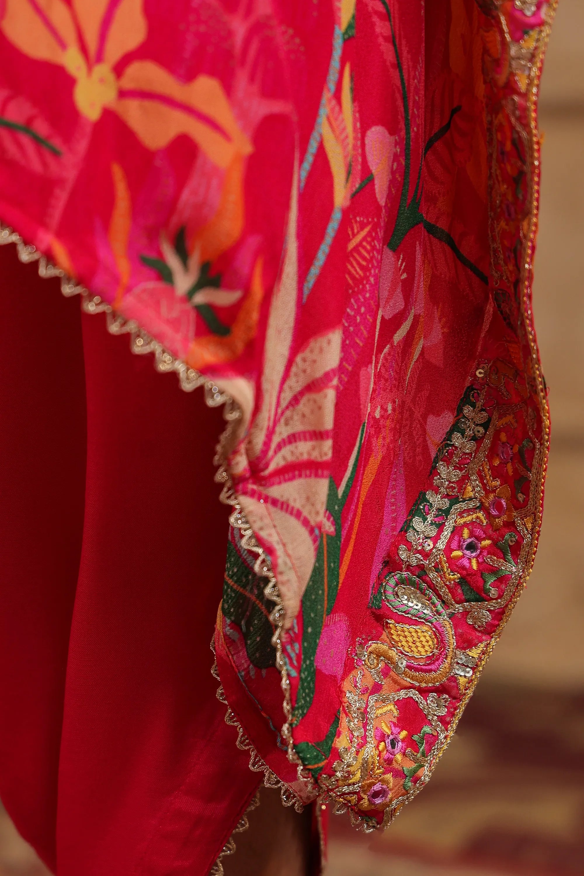 Pink Chinon Floral Kaftan Set With Potli Bag