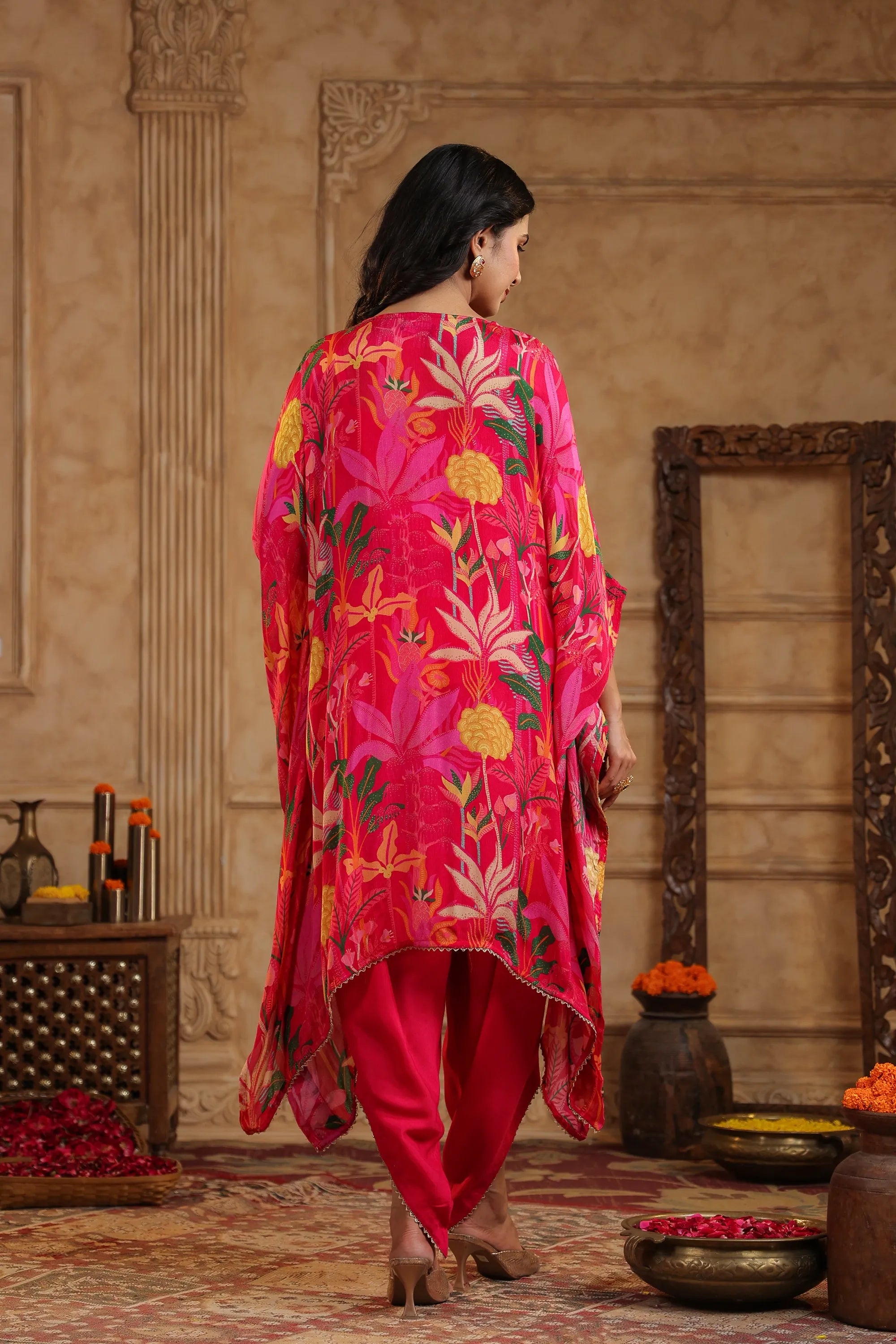 Pink Chinon Floral Kaftan Set With Potli Bag