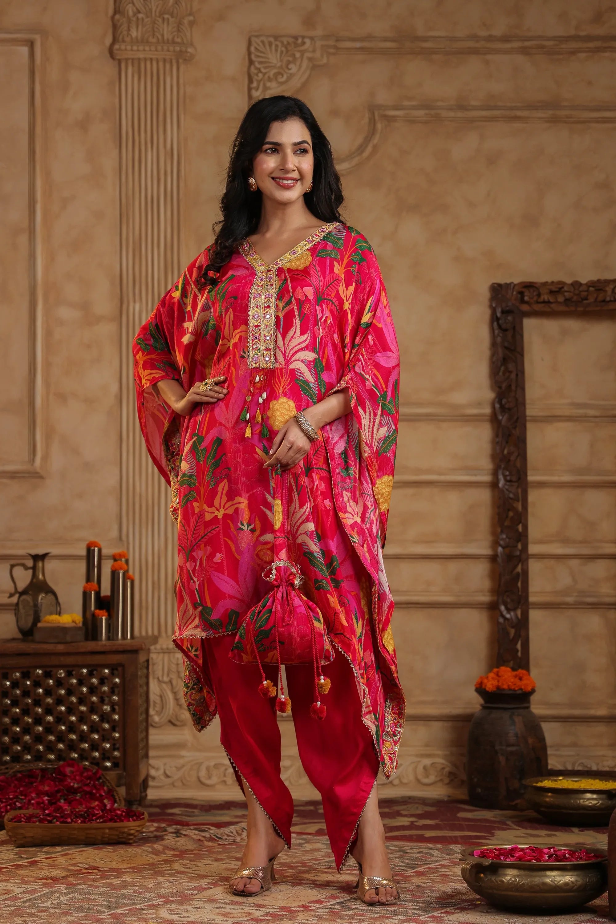 Pink Chinon Floral Kaftan Set With Potli Bag