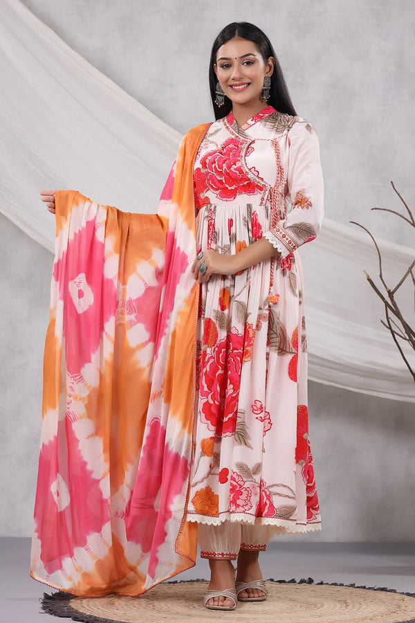 Cream Rose Print Crepe Angrakha Anarkali With Pants And Tie Dye Dupatta