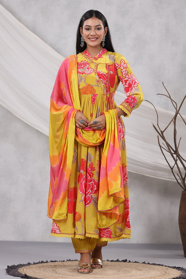 Mustard Rose Print Crepe Angrakha Anarkali With Pants And Tie Dye Dupatta