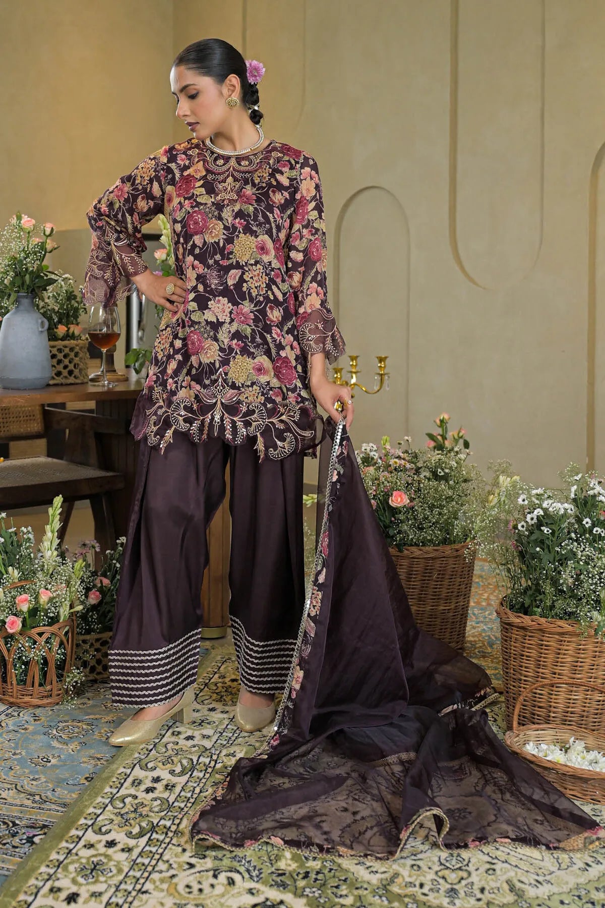 Brown Chinon Embroidered Farsi Salwar Set | Bairaas