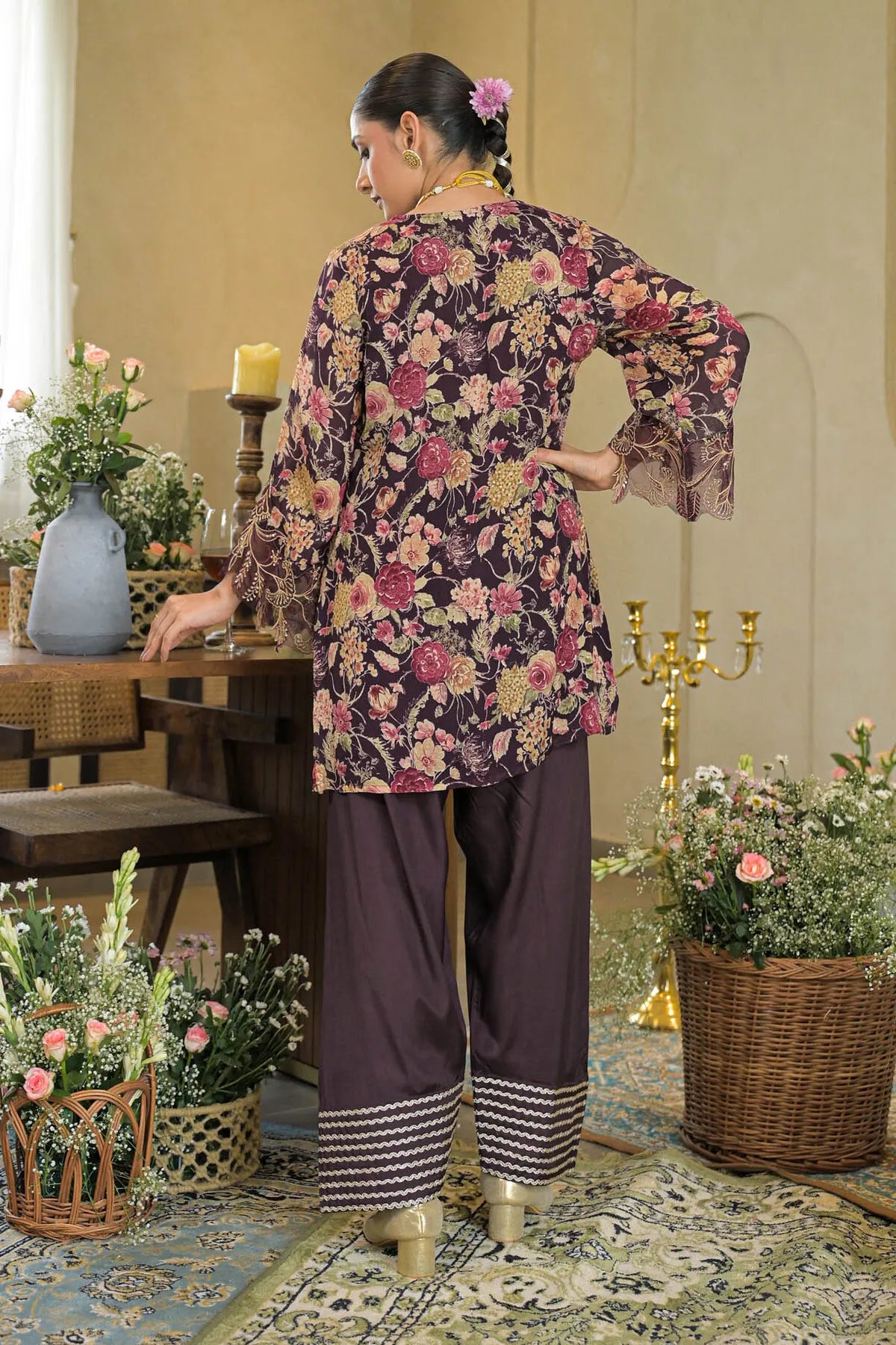 Brown Chinon Embroidered Farsi Salwar Set | Bairaas