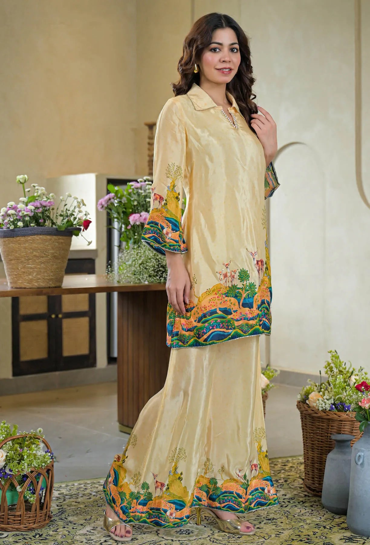 Beige Crepe Printed Co-Ord Set with Top & Bottom | Bairaas