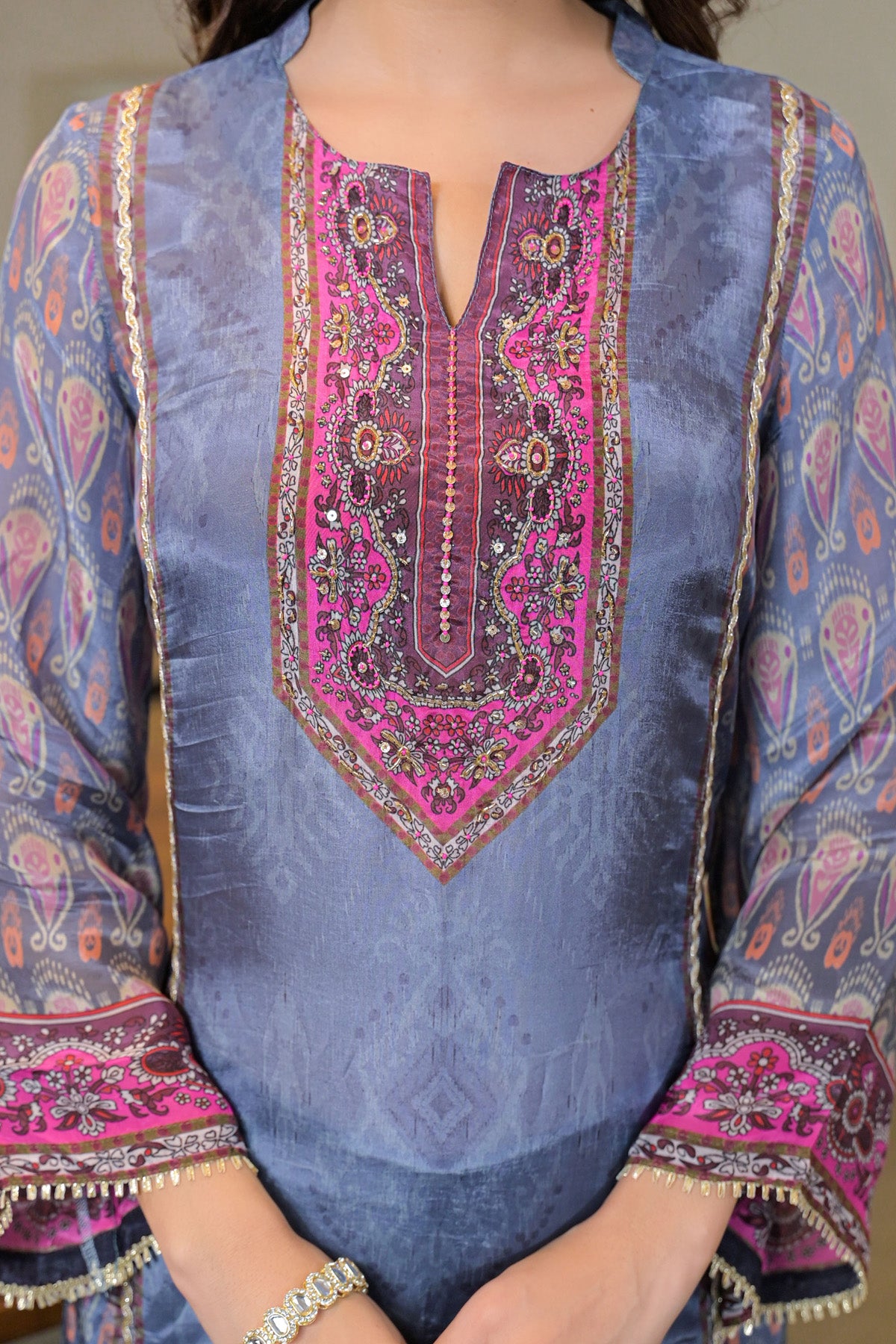 Blue Crepe Silk Embroidered Kurta Set With Dupatta
