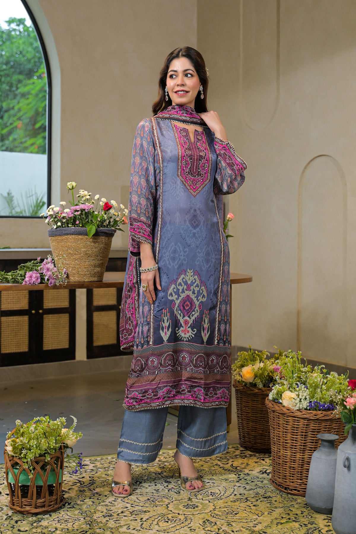 Blue Crepe Silk Embroidered Kurta Set With Dupatta