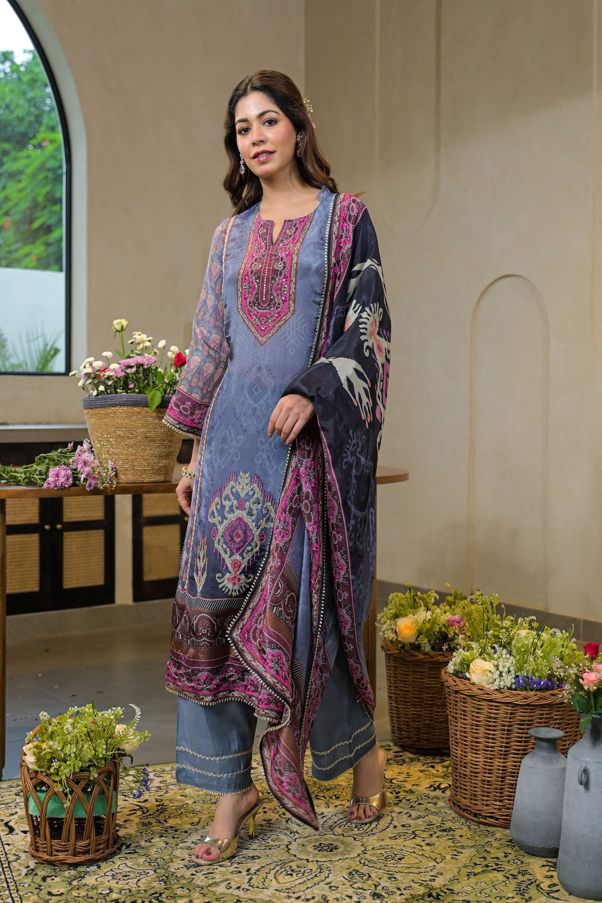 Blue Crepe Silk Embroidered Kurta Set With Dupatta