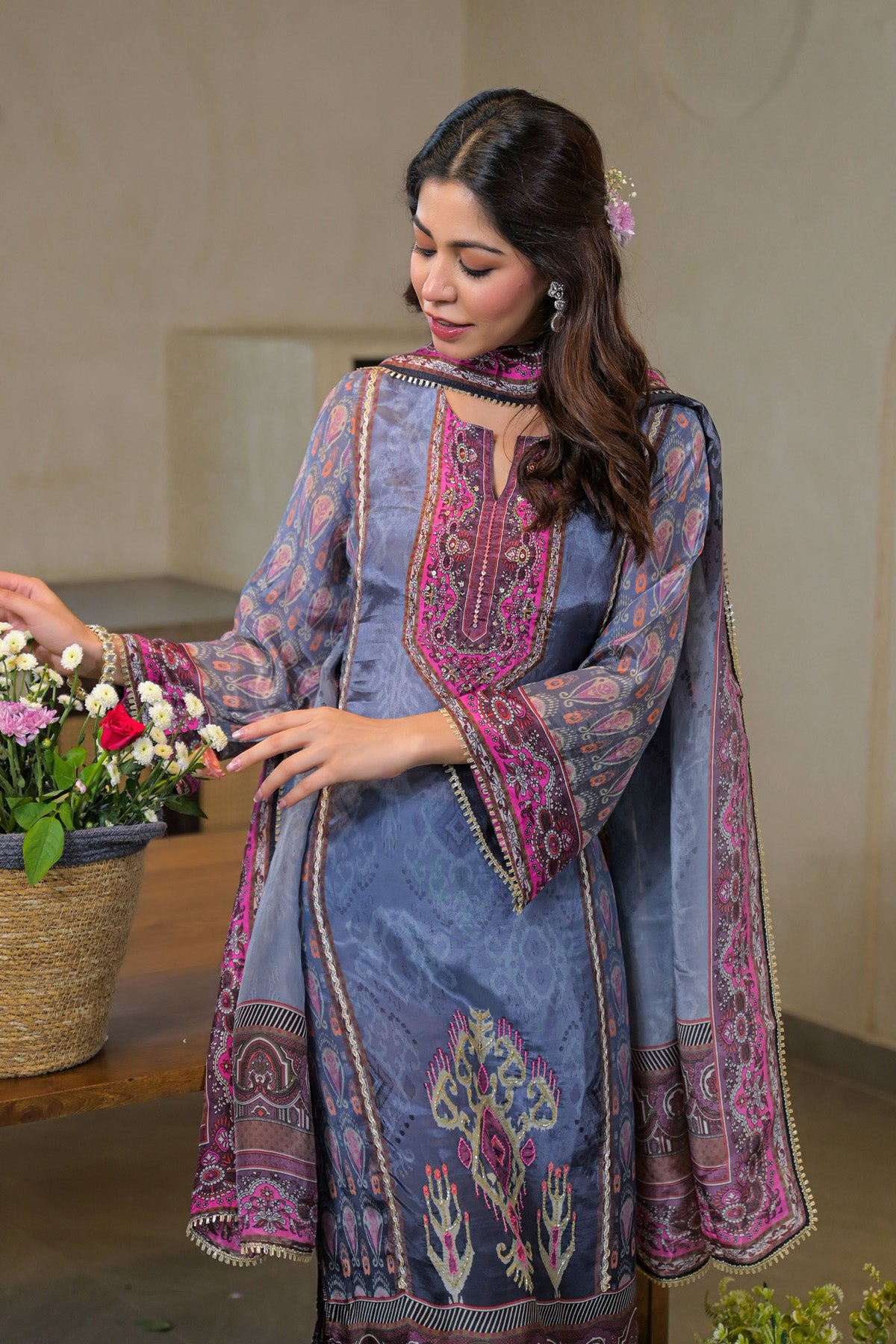 Blue Crepe Silk Embroidered Kurta Set With Dupatta