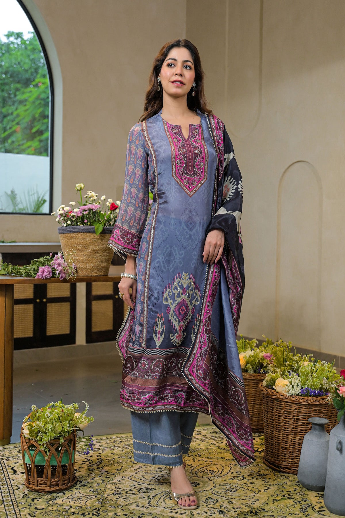 Blue Crepe Silk Embroidered Kurta Set With Dupatta