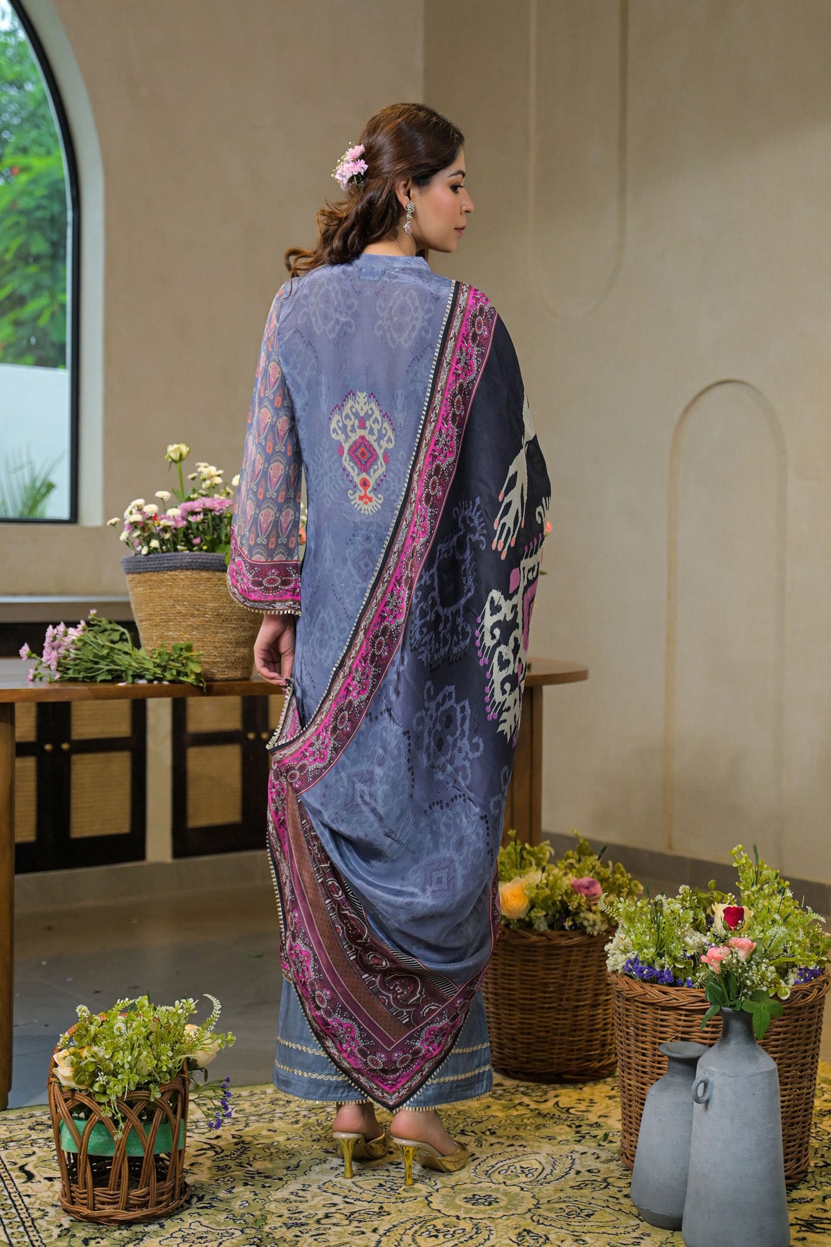 Blue Crepe Silk Embroidered Kurta Set With Dupatta