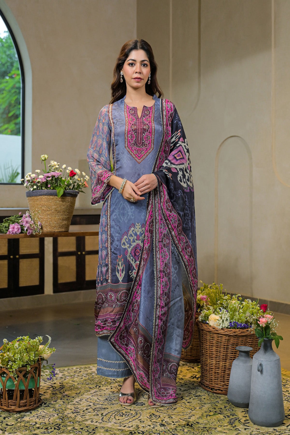 Blue Crepe Silk Embroidered Kurta Set With Dupatta