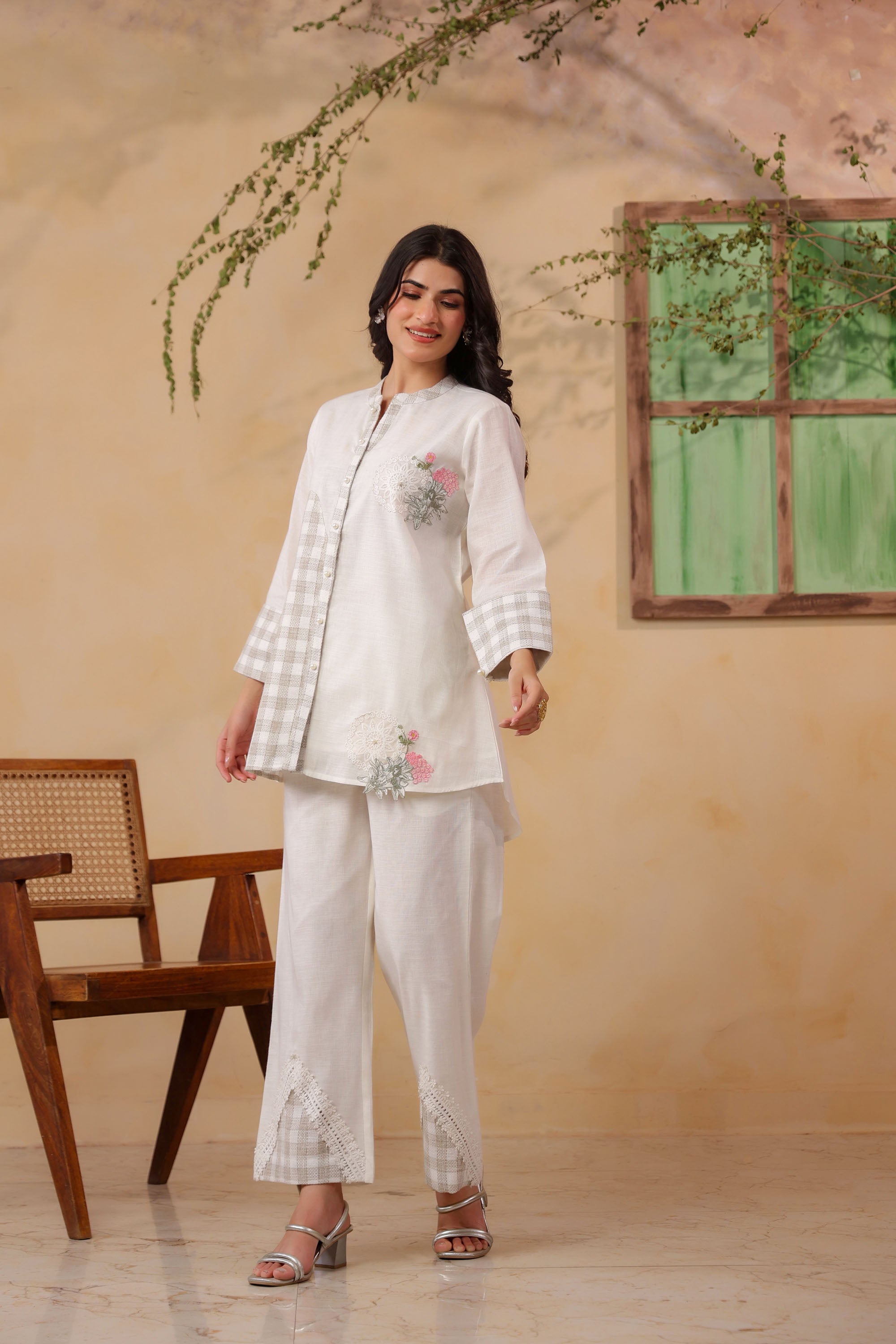 White Jute Embroidered Cord Set