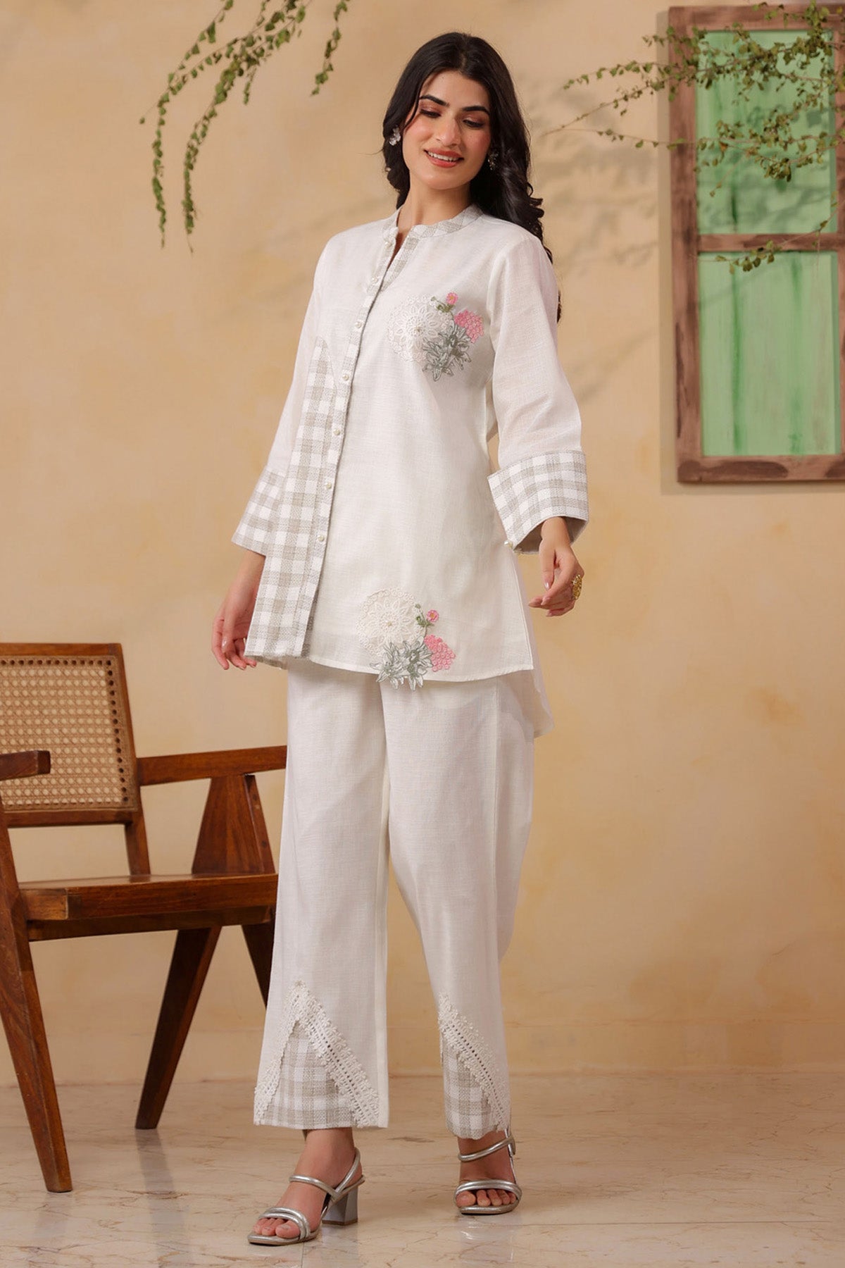 White Jute Embroidered Cord Set