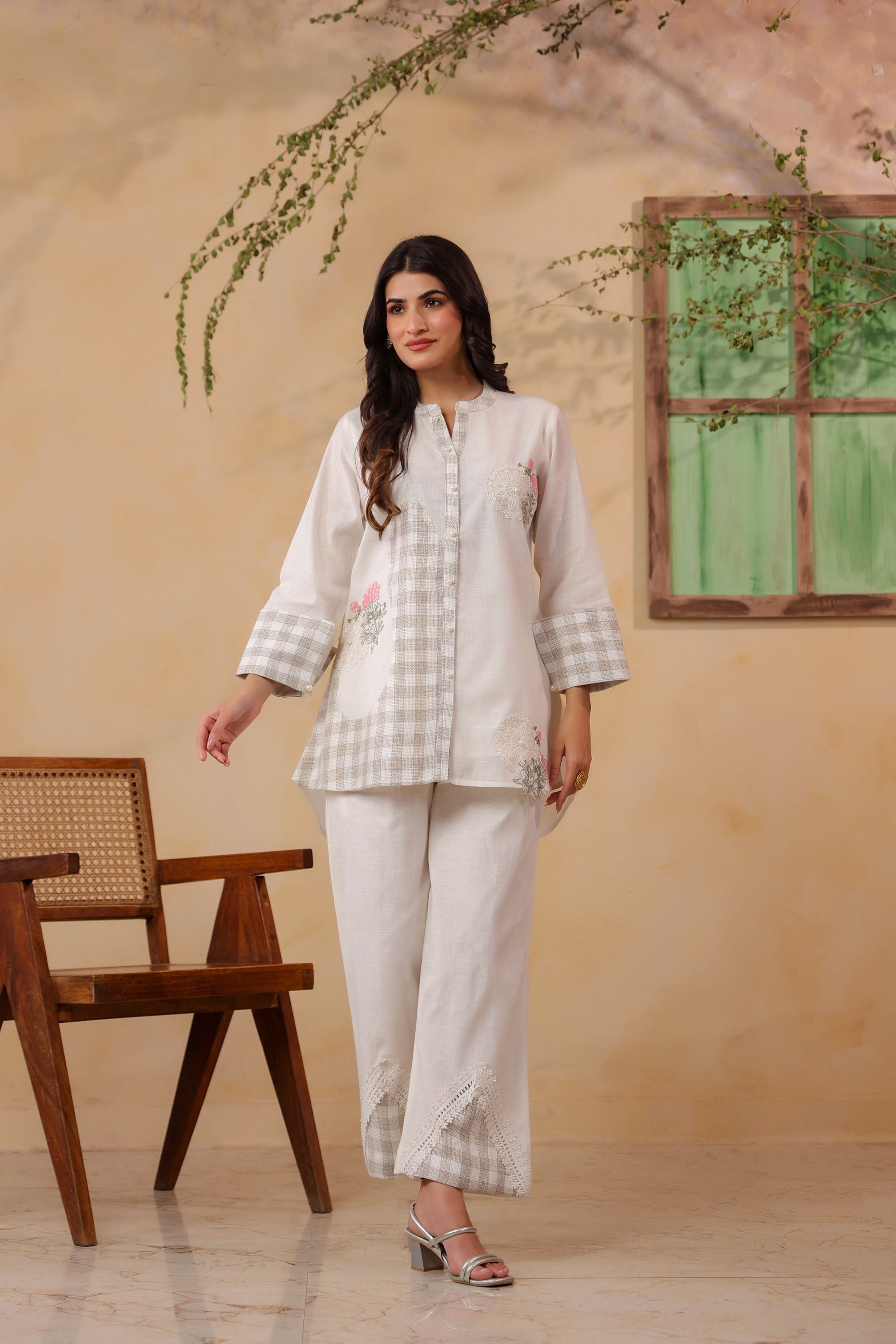 White Jute Embroidered Cord Set