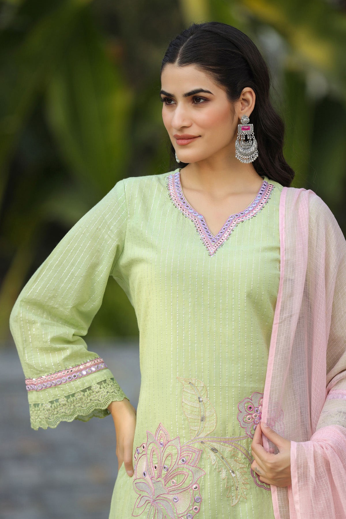 Green Cotton Embroidered Kurta Set With Dupatta