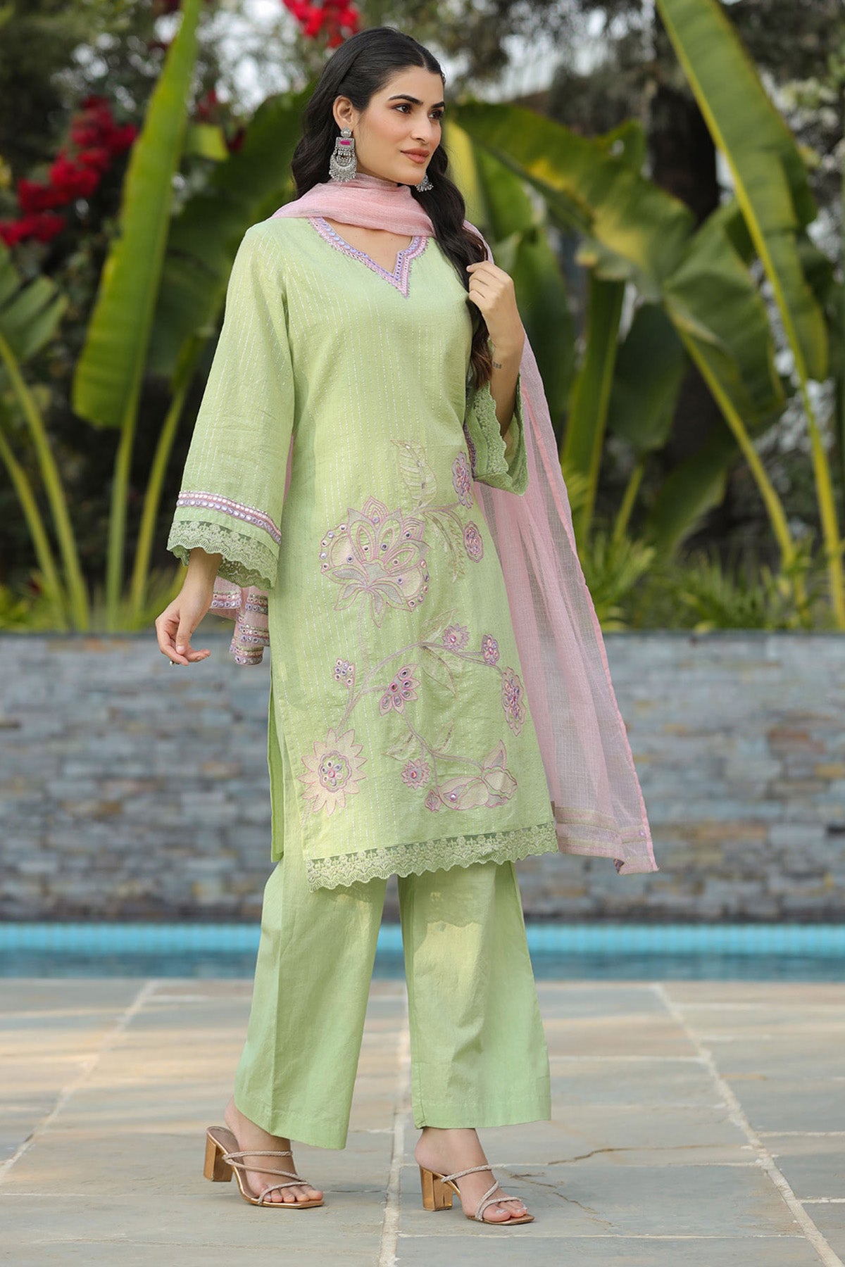 Green Cotton Embroidered Kurta Set With Dupatta