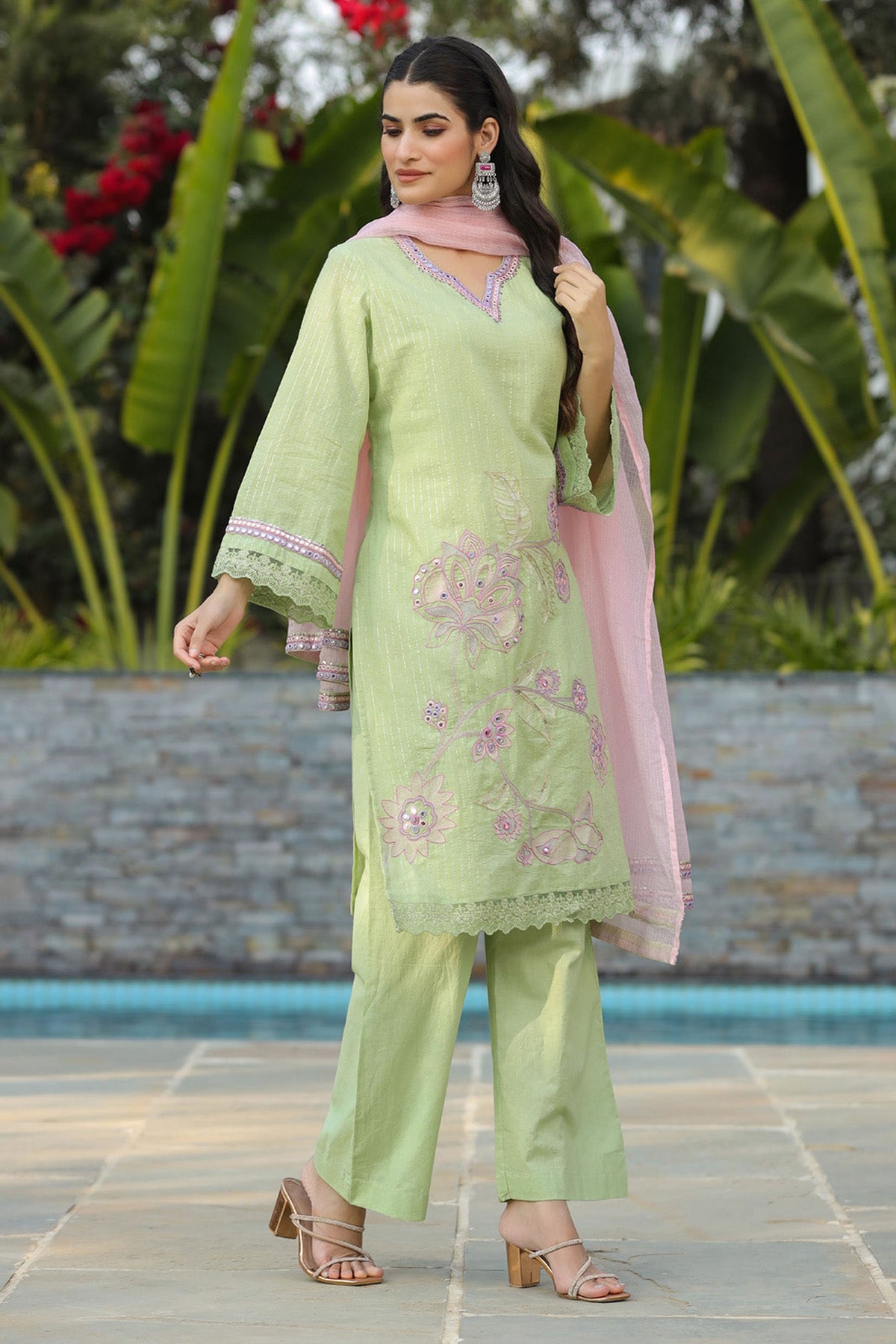 Green Cotton Embroidered Kurta Set With Dupatta