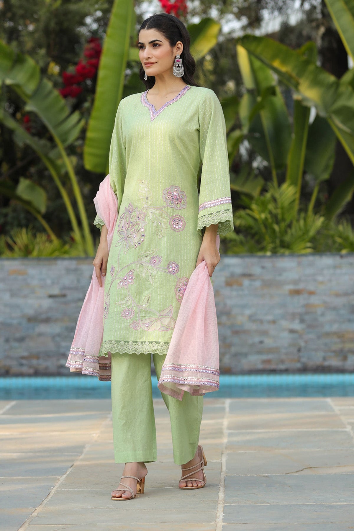Green Cotton Embroidered Kurta Set With Dupatta