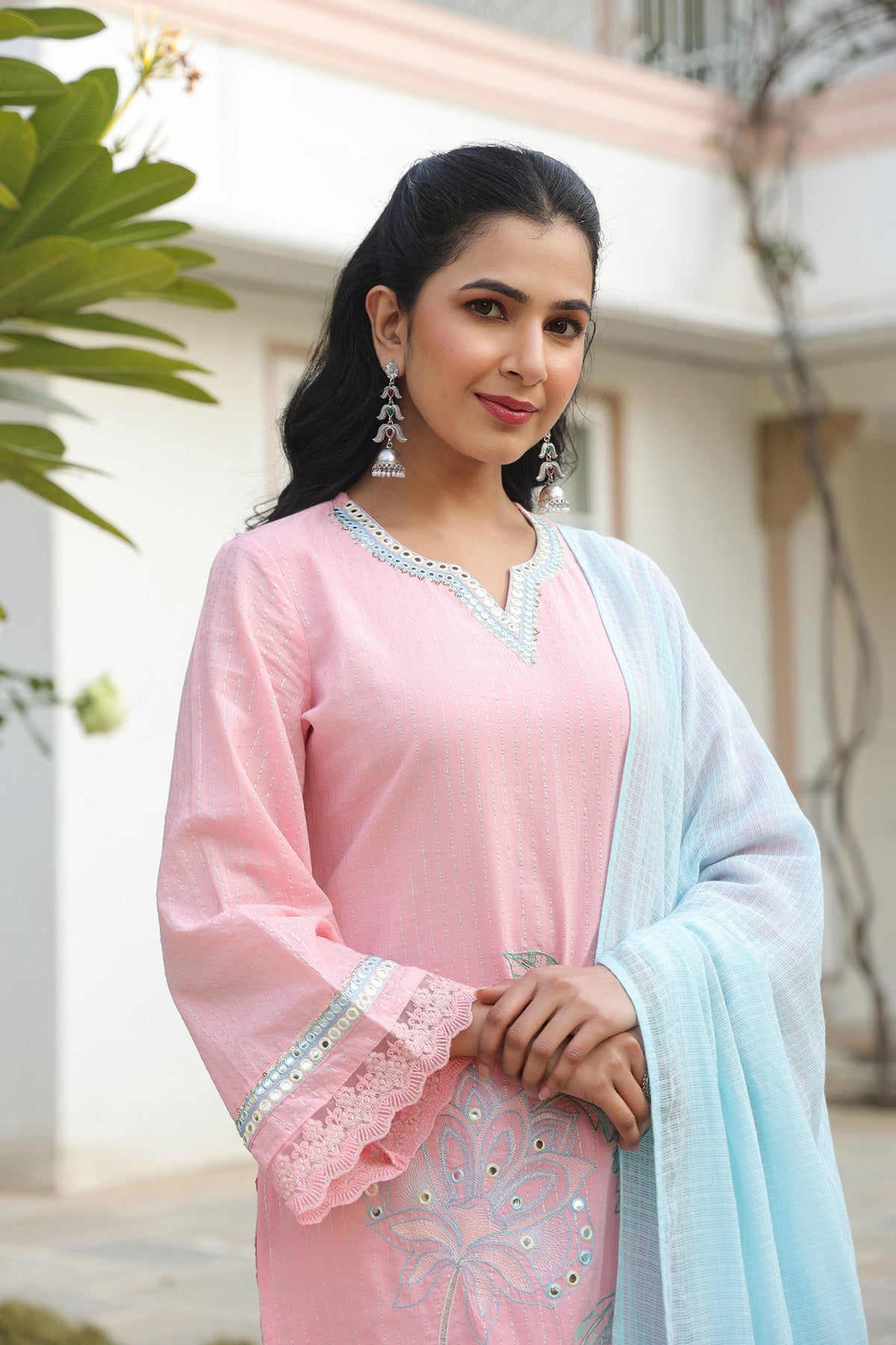 Pink Cotton Embroidered Kurta Set With Dupatta