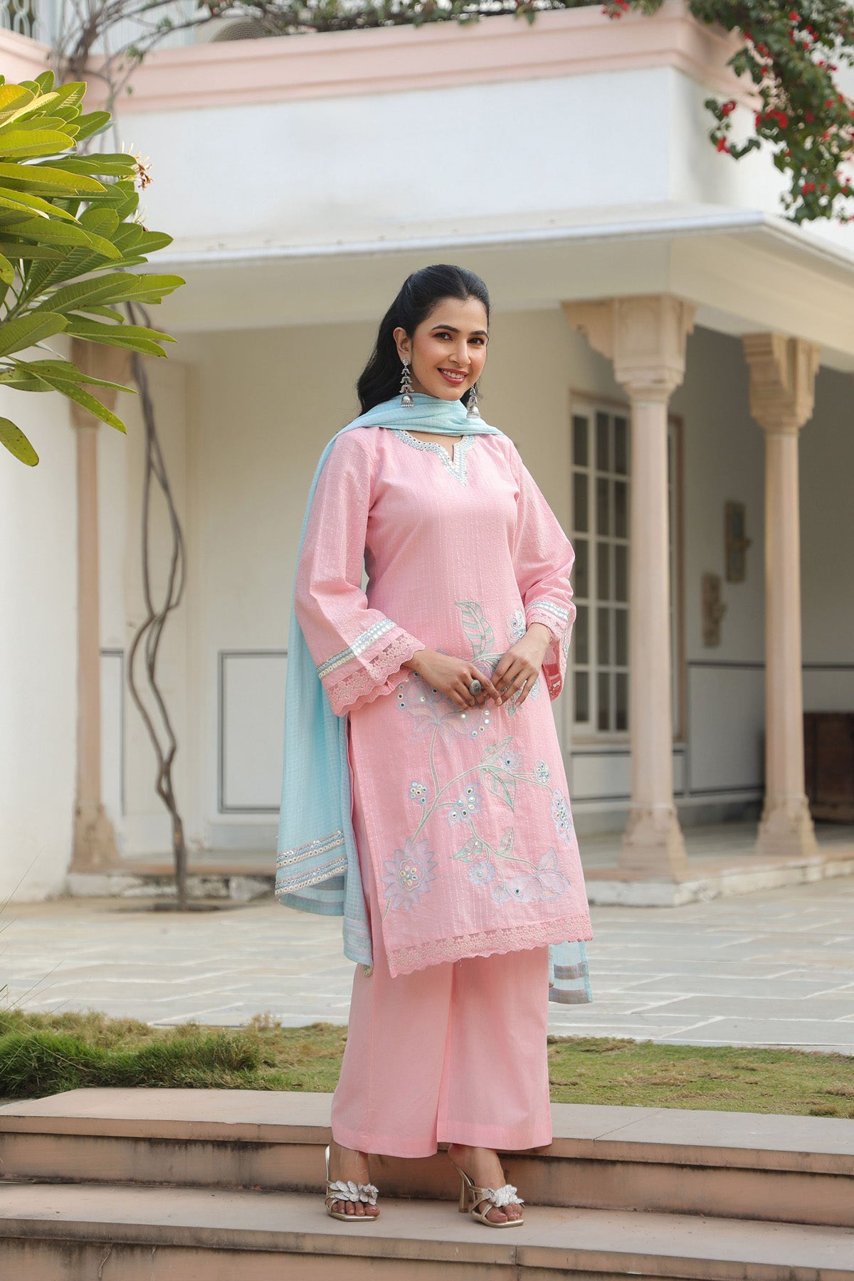 Pink Cotton Embroidered Kurta Set With Dupatta