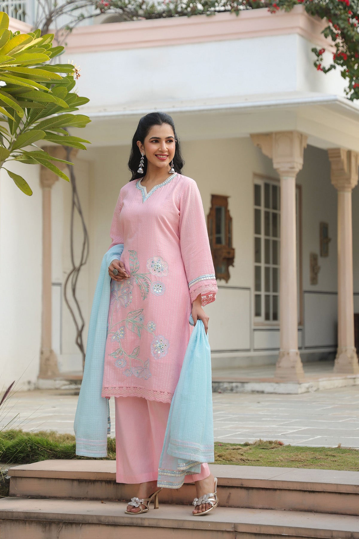 Pink Cotton Embroidered Kurta Set With Dupatta