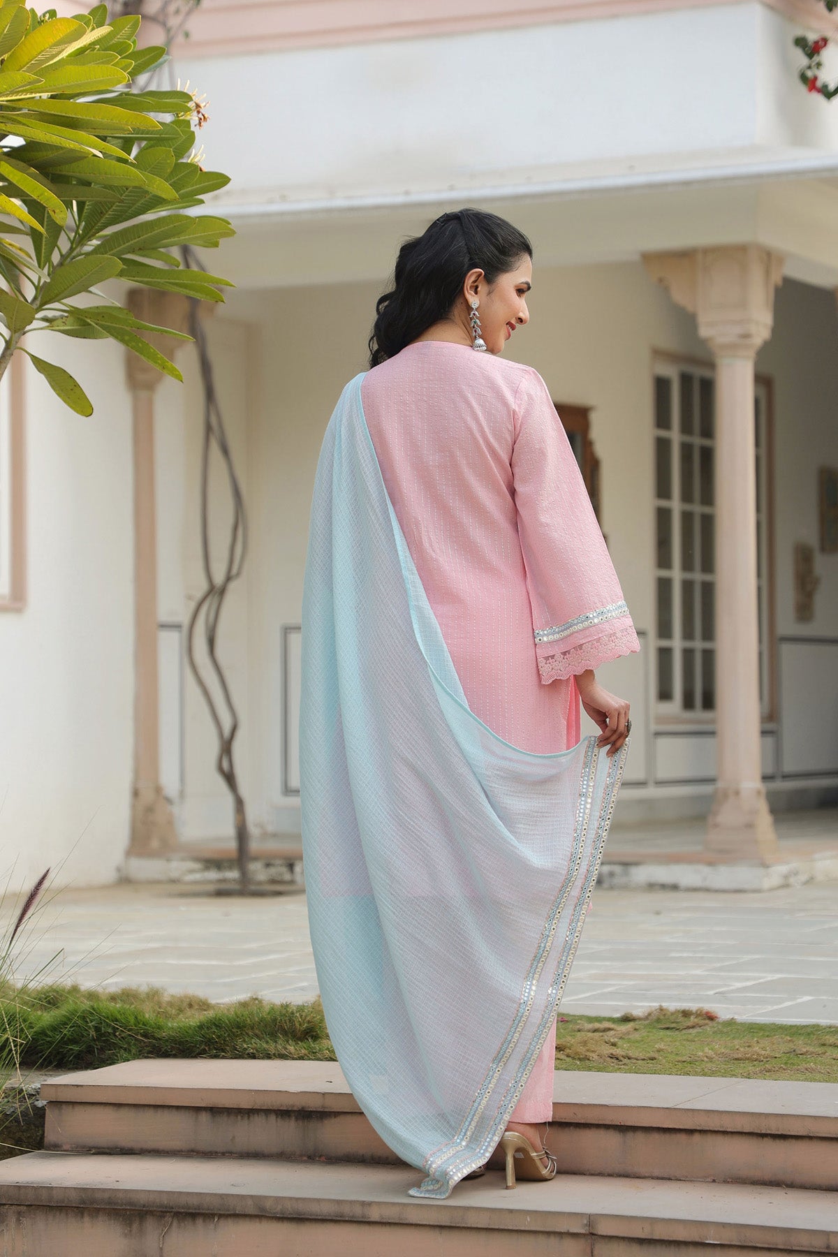Pink Cotton Embroidered Kurta Set With Dupatta